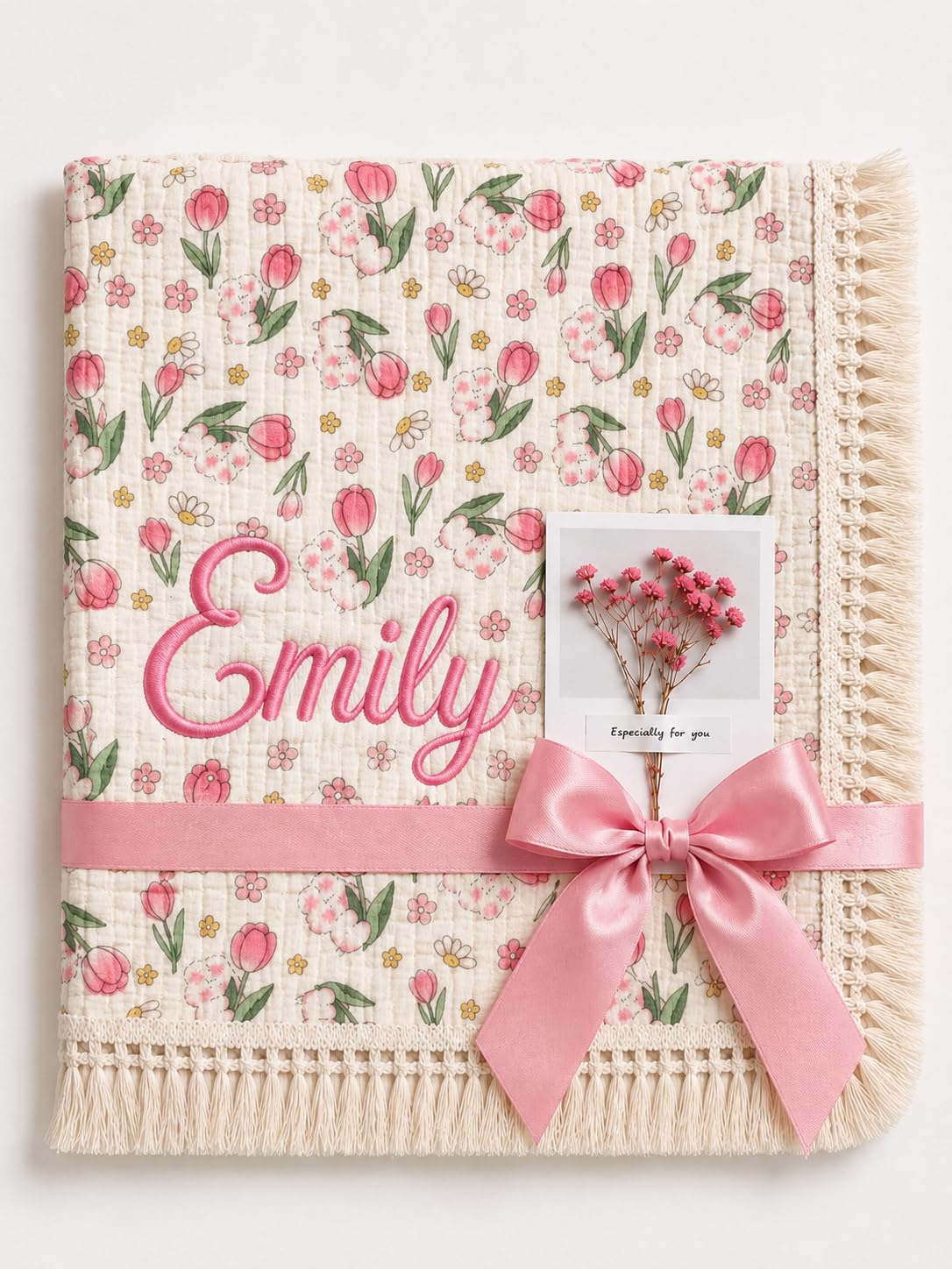 DreamBuy Personalised Baby Blanket Embroidered with Name Soft Customised Musin Blanket for Newborn Baby Girl Cot & Pram Blanket Baby Girl Present 120x100cm (Tulip Burst)