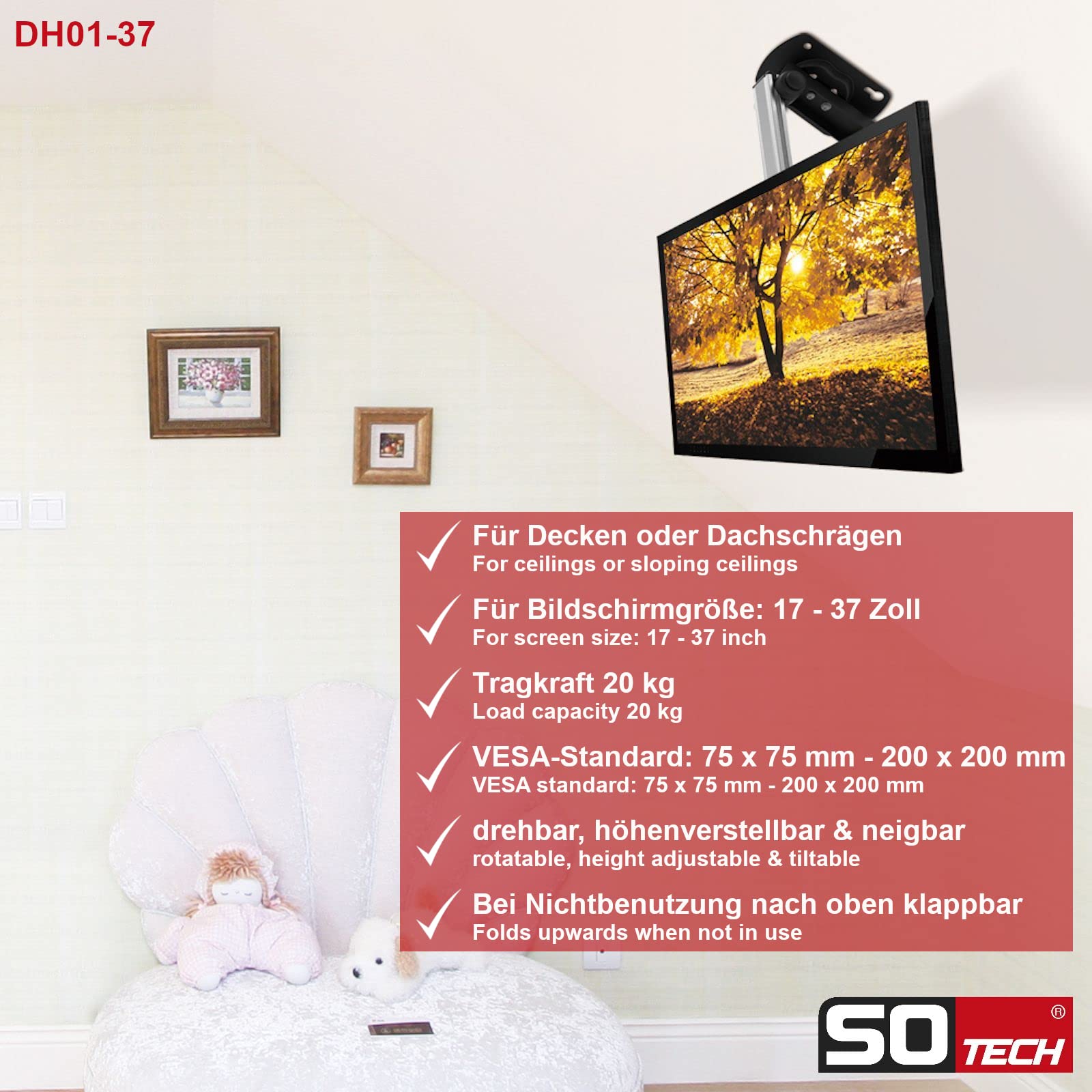 SOTECH soffitto per TV DH-01-37 | Supporto pieghevole, ruotabile | regolabile in altezza e inclinabile per schermi diagonale da 17-37 pollici | Carico 20 kg | compatibile VESA