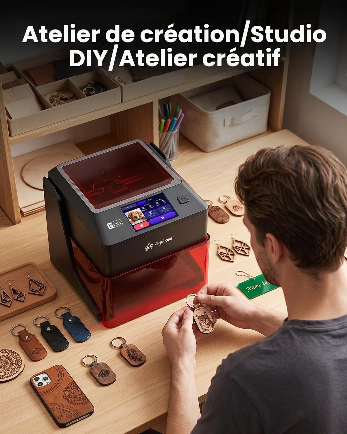 AlgoLaser Pixi – Graveur laser intelligent – Machine de gravure laser portable 10 W avec écran tactile de 3,5 pouces et système AlgoOS et application – Gravure laser pour bois, acrylique, verre