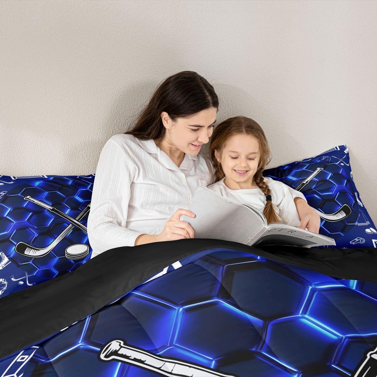 Erosebridal Ice Hockey Bedding Set Blue Neon Honeycomb Hockey Full Comforter Set for Boys Kids Teen Men,Sports Hockey Stick Mask Puck Decor Down Comforter Geometric Hexagon Quilt Duvet 3 Pcs image 4