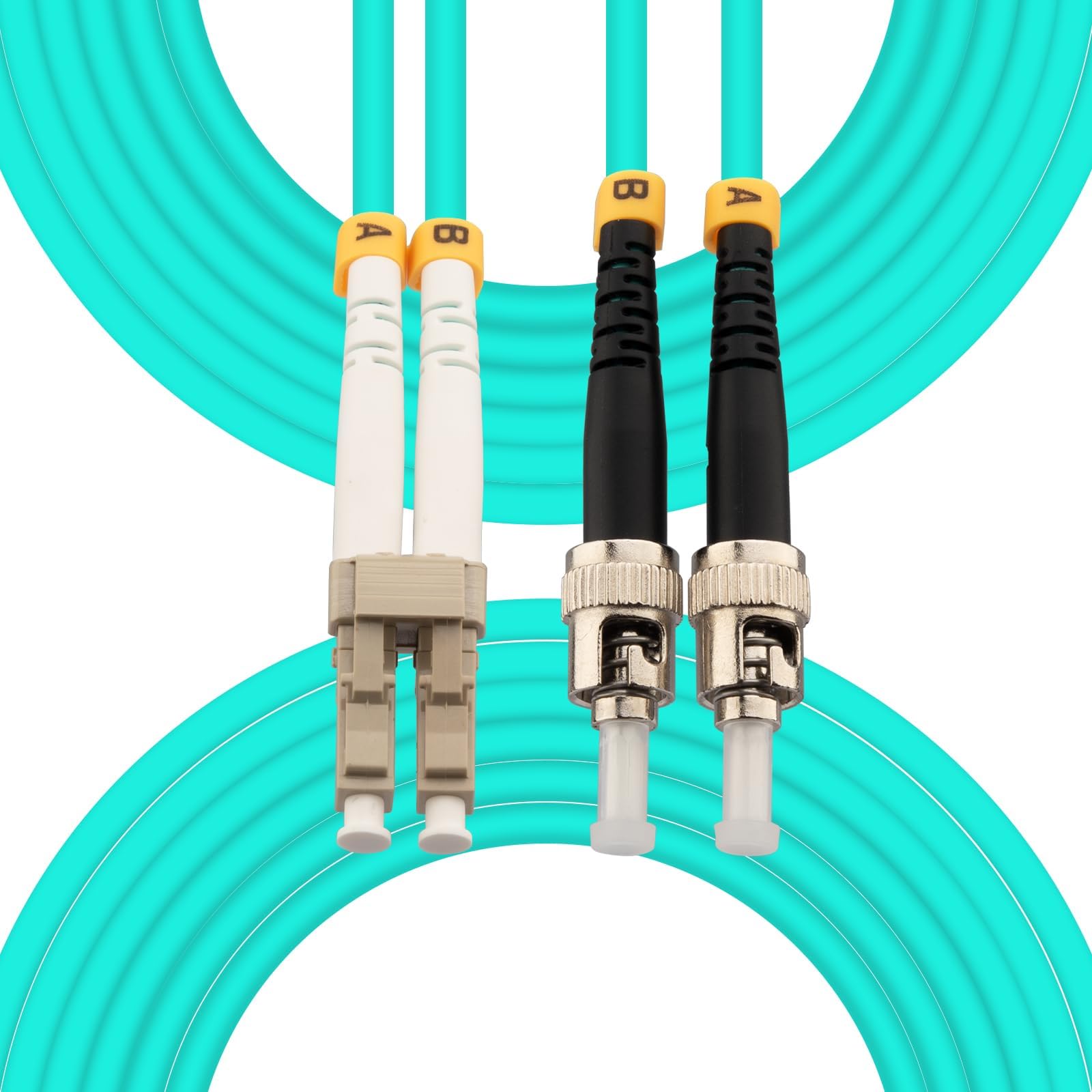 LC to ST OM3 Fiber Patch Cable, Multimode Duplex Fiber Optic Cable, 50/125um/3.00mm, LSZH, Turquoise, 5M/16ft