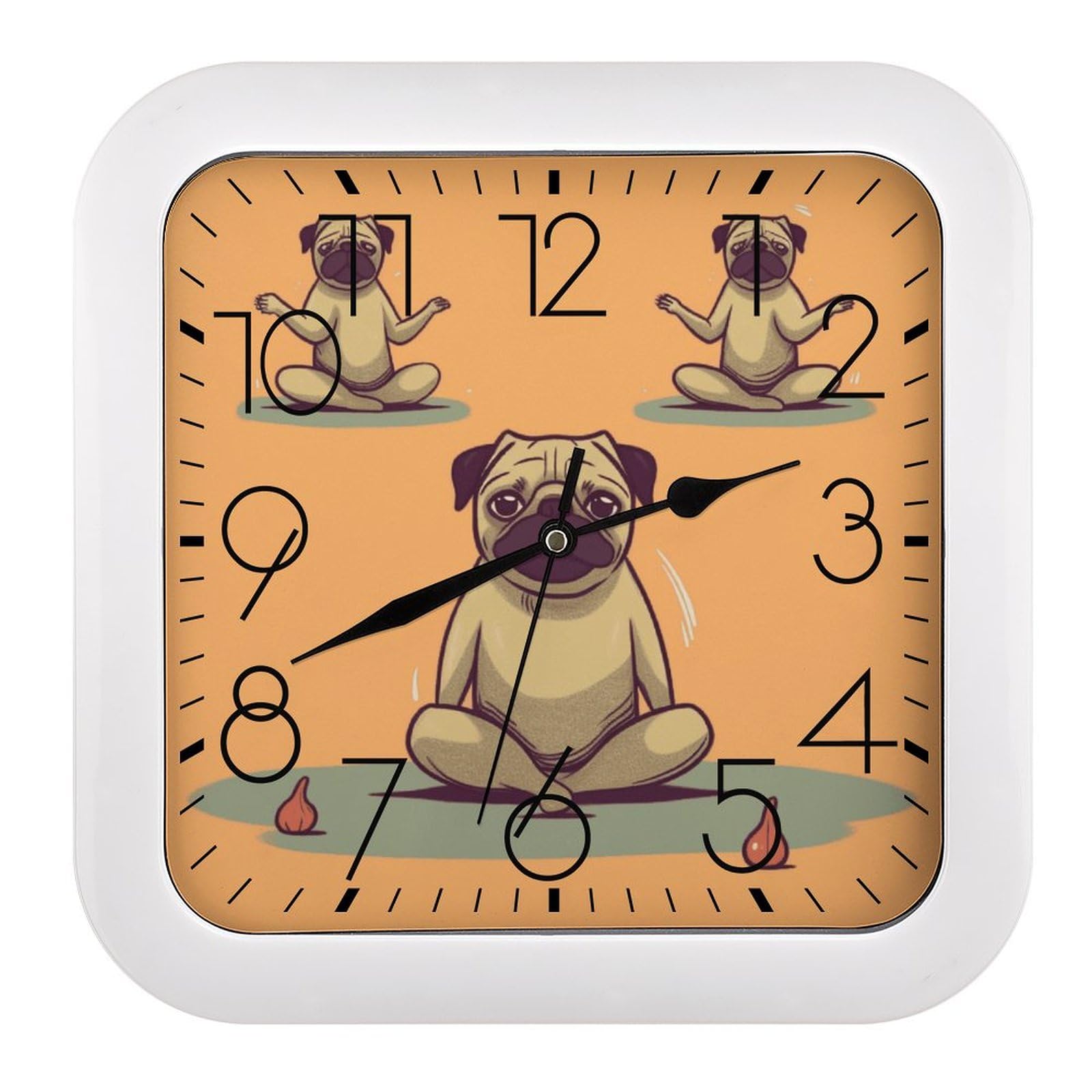 Horloge murale muette à pile avec motif carlin et cadran carré en plastique de 25cm
