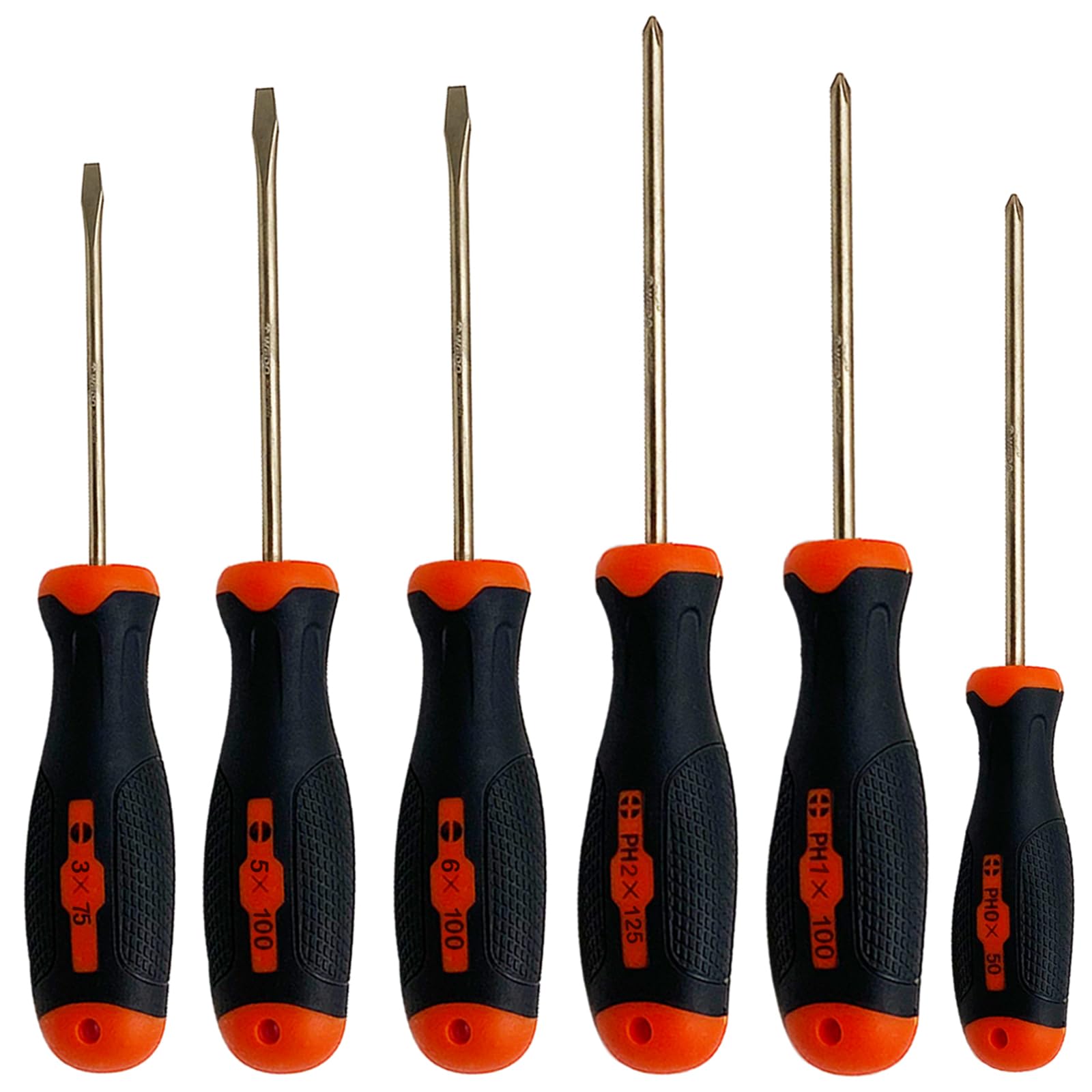 WEDO 6-częściowy zestaw wkrętaków nieiskrzących, głowica płaska (3 x 75 mm, 5 x 100 mm, 6 x 100 mm), głowica krzyżakowa (PH 0 x 50 mm, PH1 x 100 mm, PH2 x 125 mm), aluminiowy brąz, uchwyt z włókna