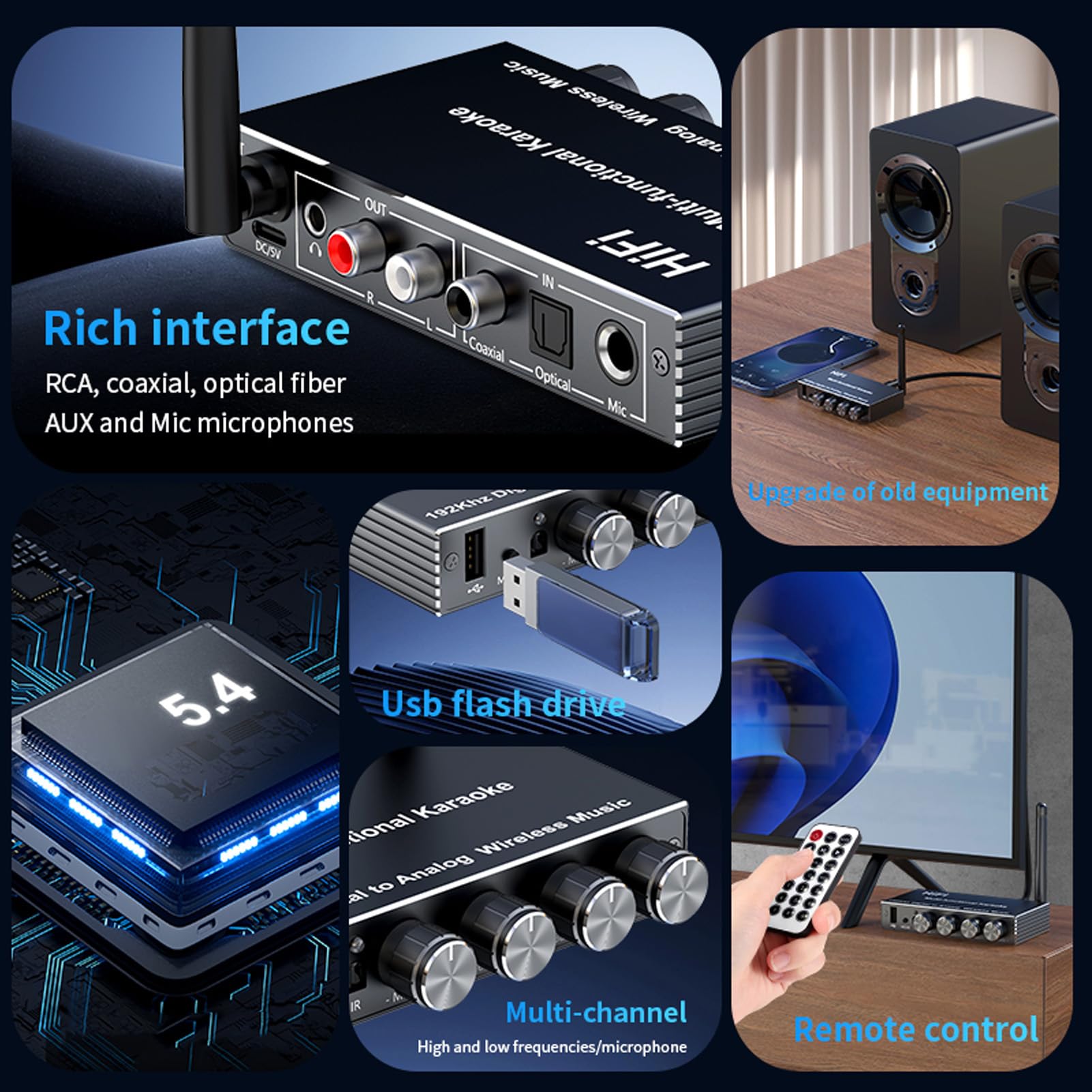 Tosuny Récepteur Bluetooth pour Stéréo Domestique, Table de Mixage karaoké avec Boutons, Convertisseur Audio Numérique vers Analogique avec Entrée Micro/optique/coaxiale/AUX/USB,