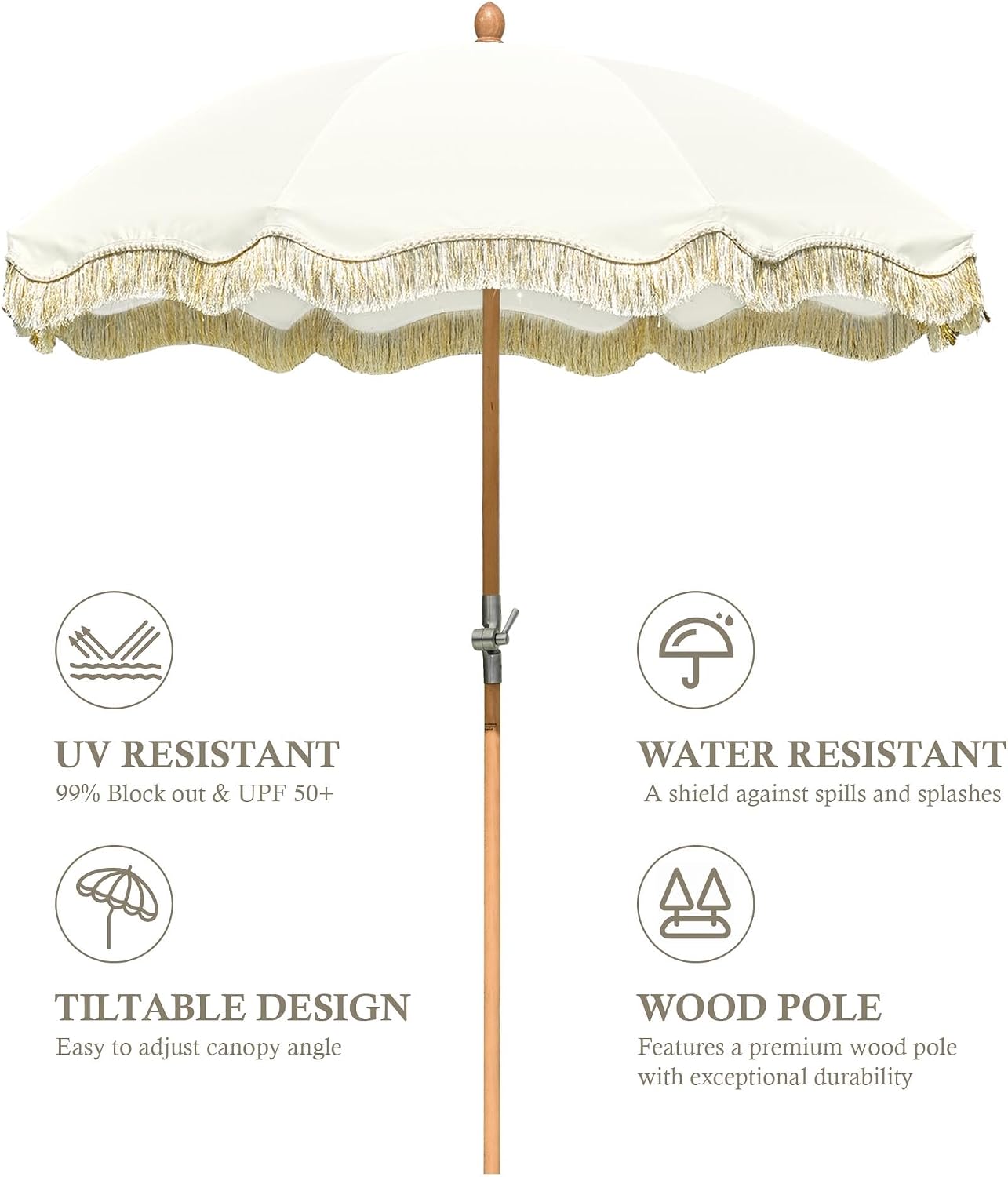 LAGarden Fringe Patio Umbrella with Carry Bag & Cover Vintage Wood for Event Outdoor Garden Yard Wedding Bistro Table