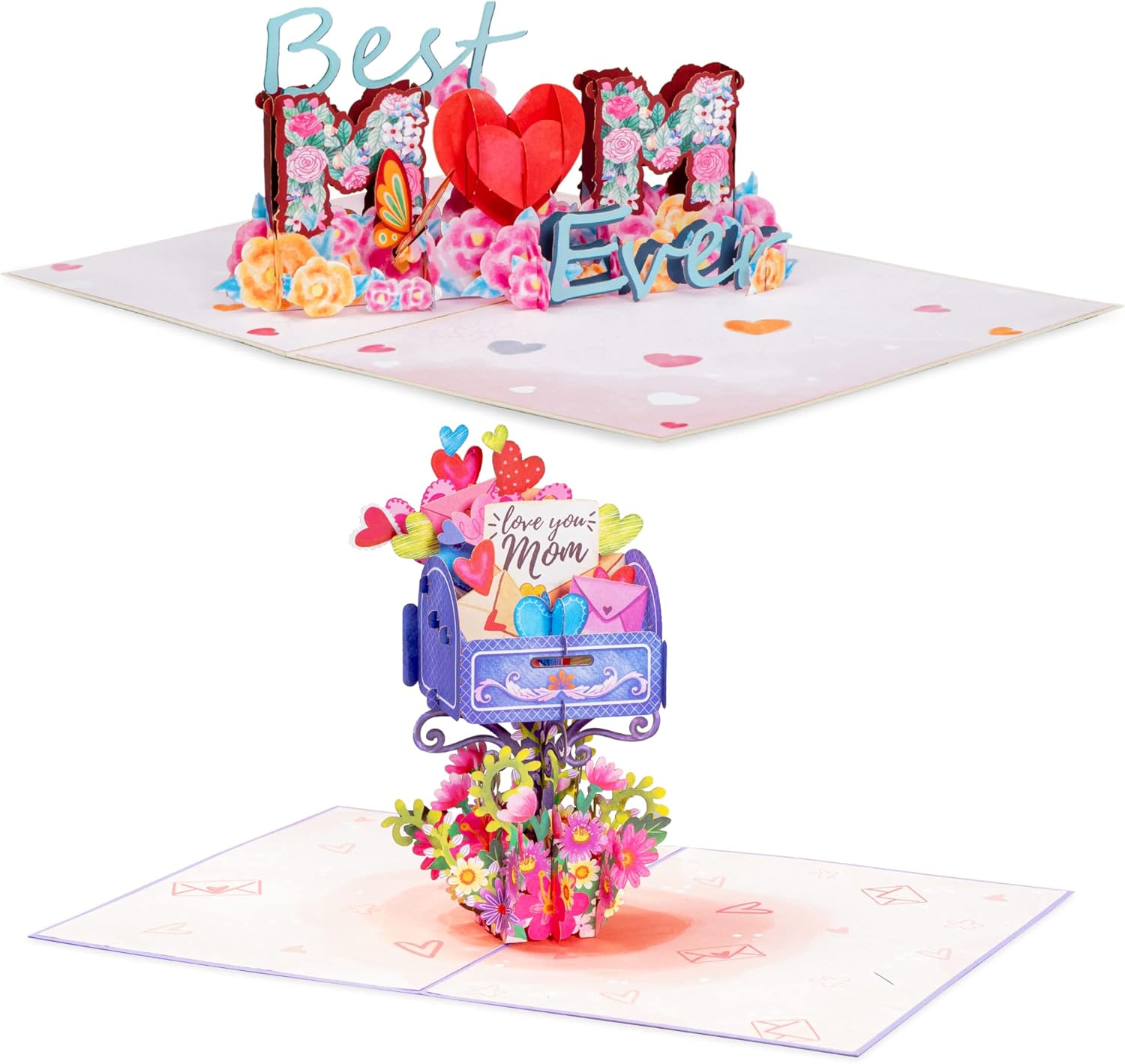 Paper Love Mothers Day Pop Up Cards 2 Pack - Includes 1 Best Mom Ever and 1 Mother's Day Mailbox, For Mother, Wife, Anyone - 5" x 7" Cover - Includes Envelope and Note Tag