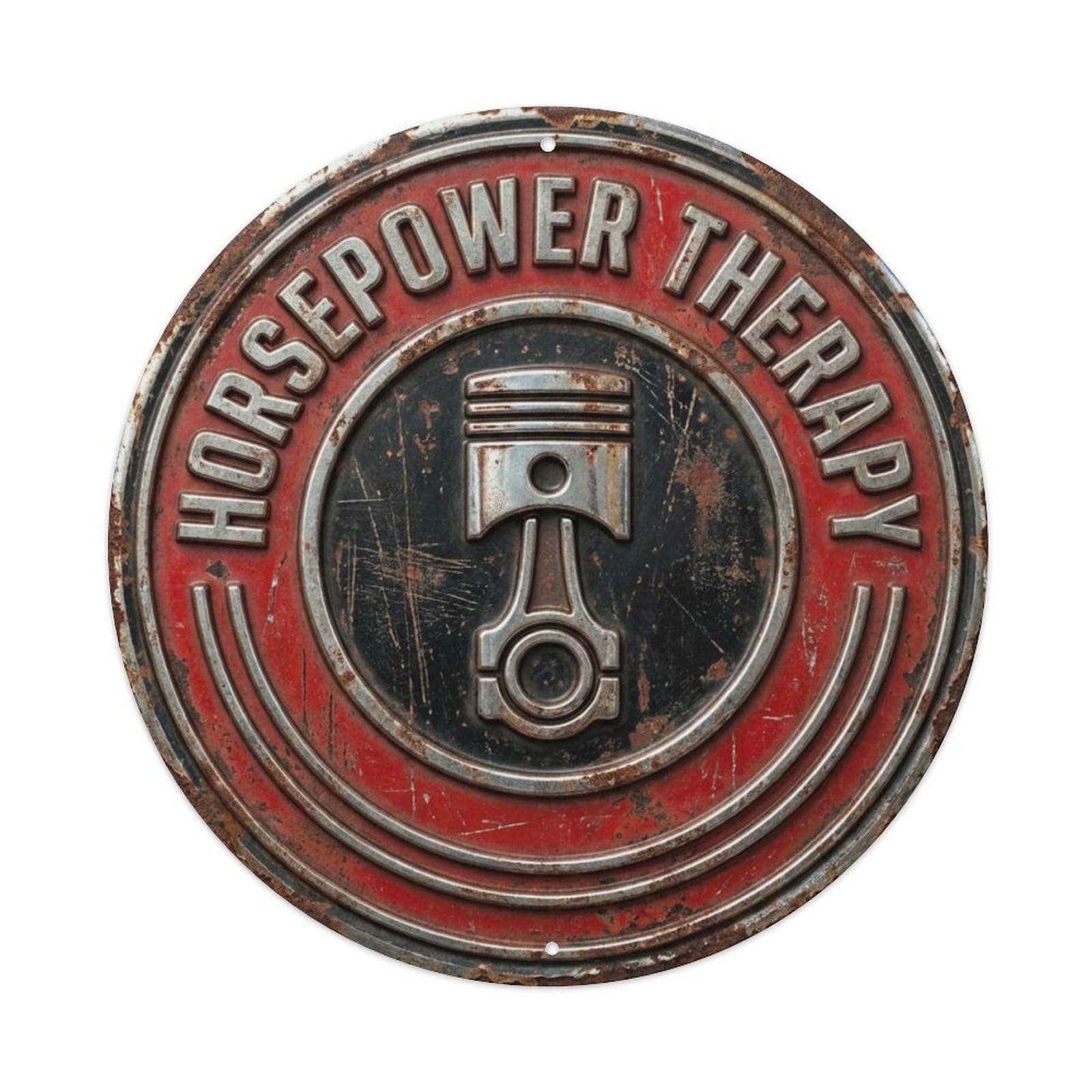 Horsepower Therapy Nostalgic Living Accessory Retro Slogans Vintage Metal Tin Sign Plaque Wall Decor for Cafe, Club, Garden Round Metal Poster 8x8Inch