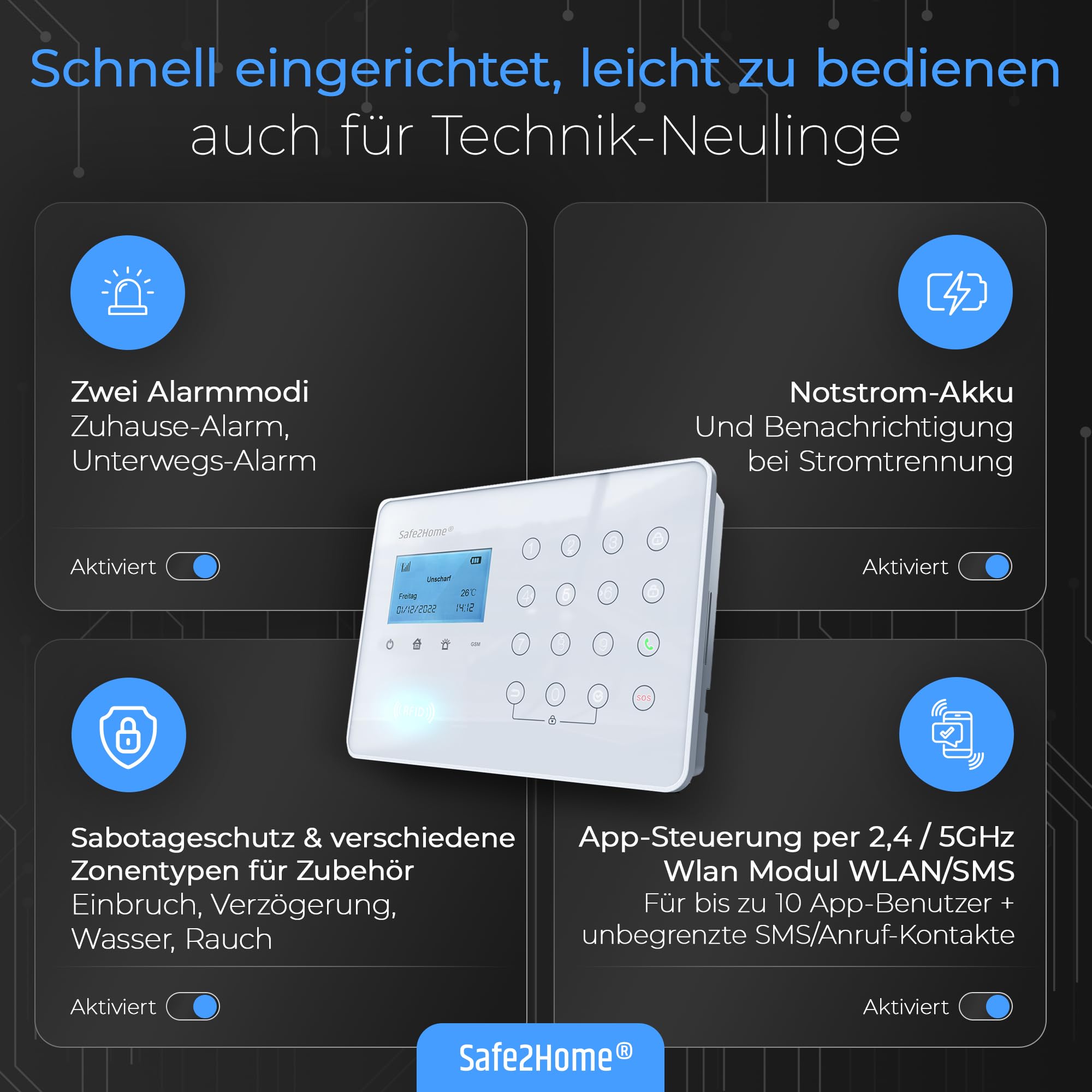 Safe2Home® SP210 WLAN Funk Alarmanlage Set kabellose Smart Home Alarmanlage mit App-Steuerung/SMS Anruf Funktion – inklusive Sensoren und Zubehör