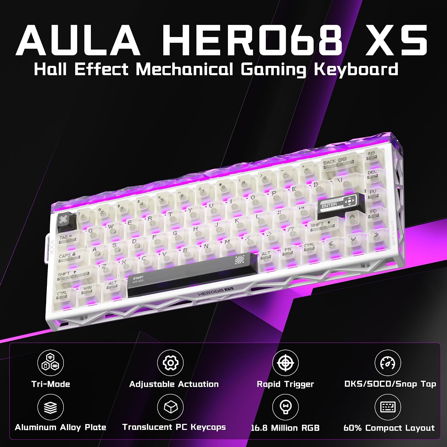 Aula Hero 68 XS 60% Hall Effect Wireless Gaming Keyboard with 0.005mm RT image 2