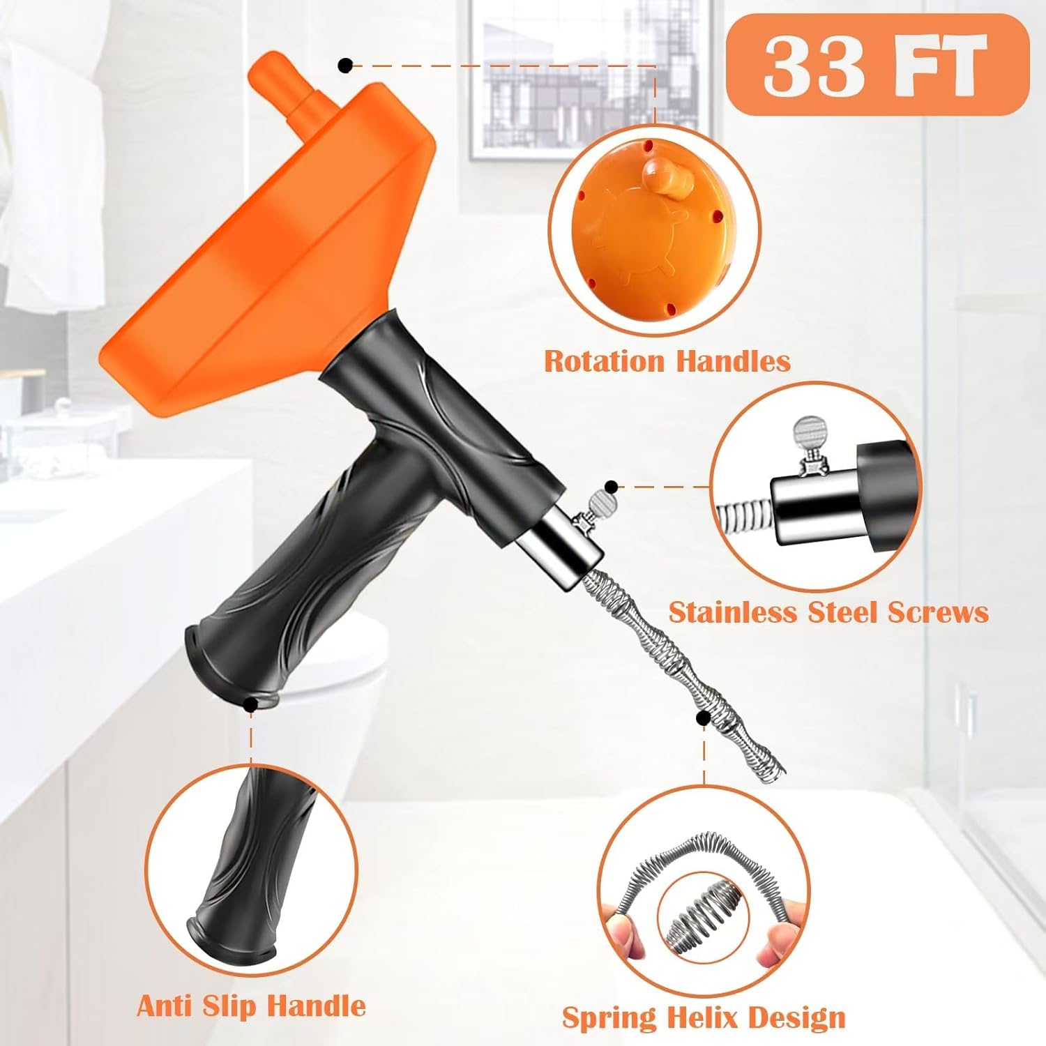 drain snake auger 33 feet, plumbing snake drain hair clog removal tool, heavy duty toilet snake auger, sink unclogger drain cleaner tool for bathroom kitchen tub shower drain clog remover with gloves drain auger 33 feet