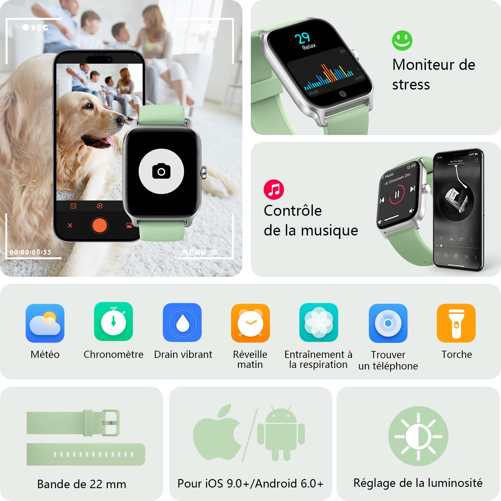 Yoever Montre Connectée Femme avec Alexa, 1.8" Smartwatch, Répondre Appel, Moniteur SpO2 Fréquence Cardiaque Sommeil, 100 Sport, Podomètre, IP68, Vert pour Android iOS