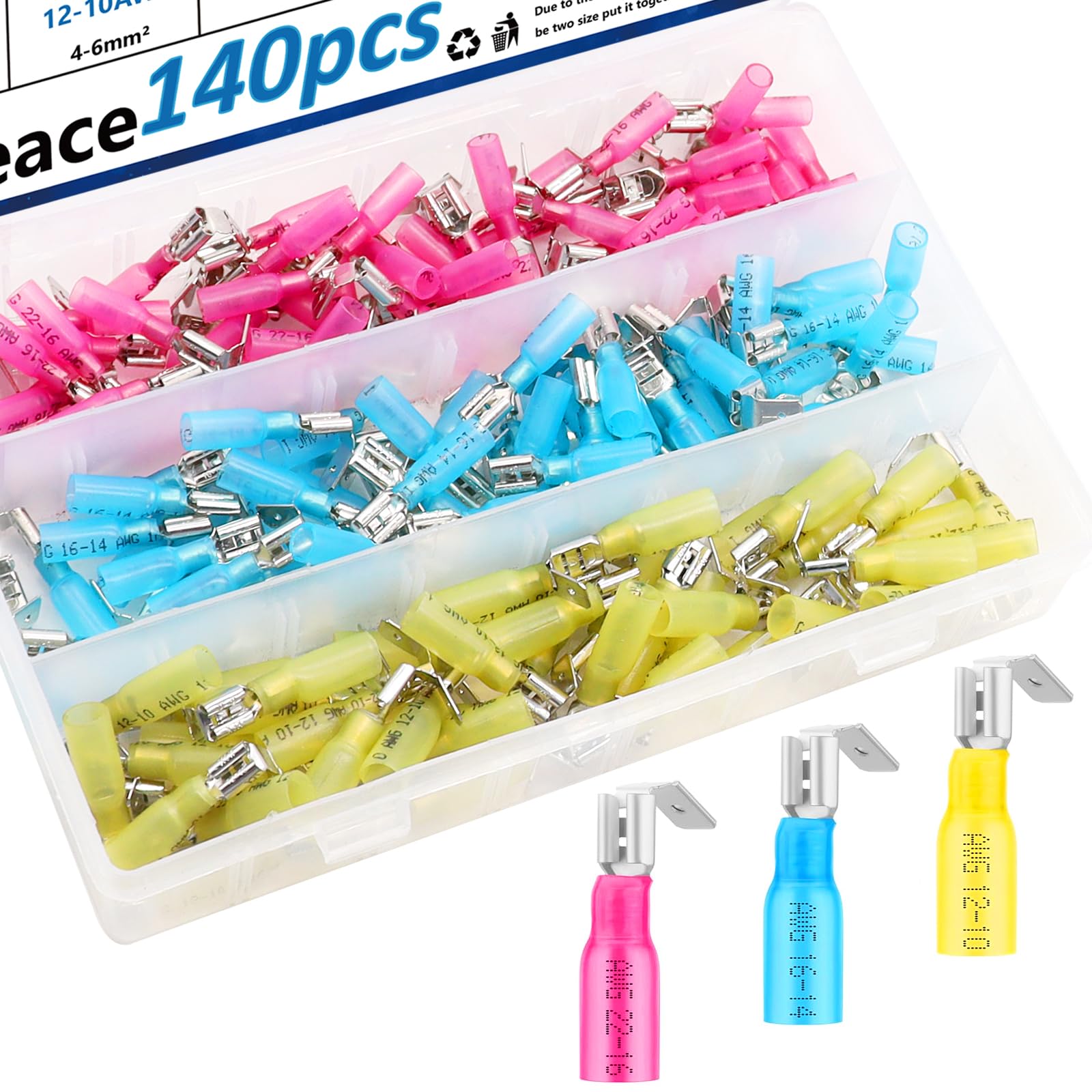 smseaces 140Pcs Heat Shrink Piggy Back Spade Connectors 22-10AWG 6.3mm(1/4