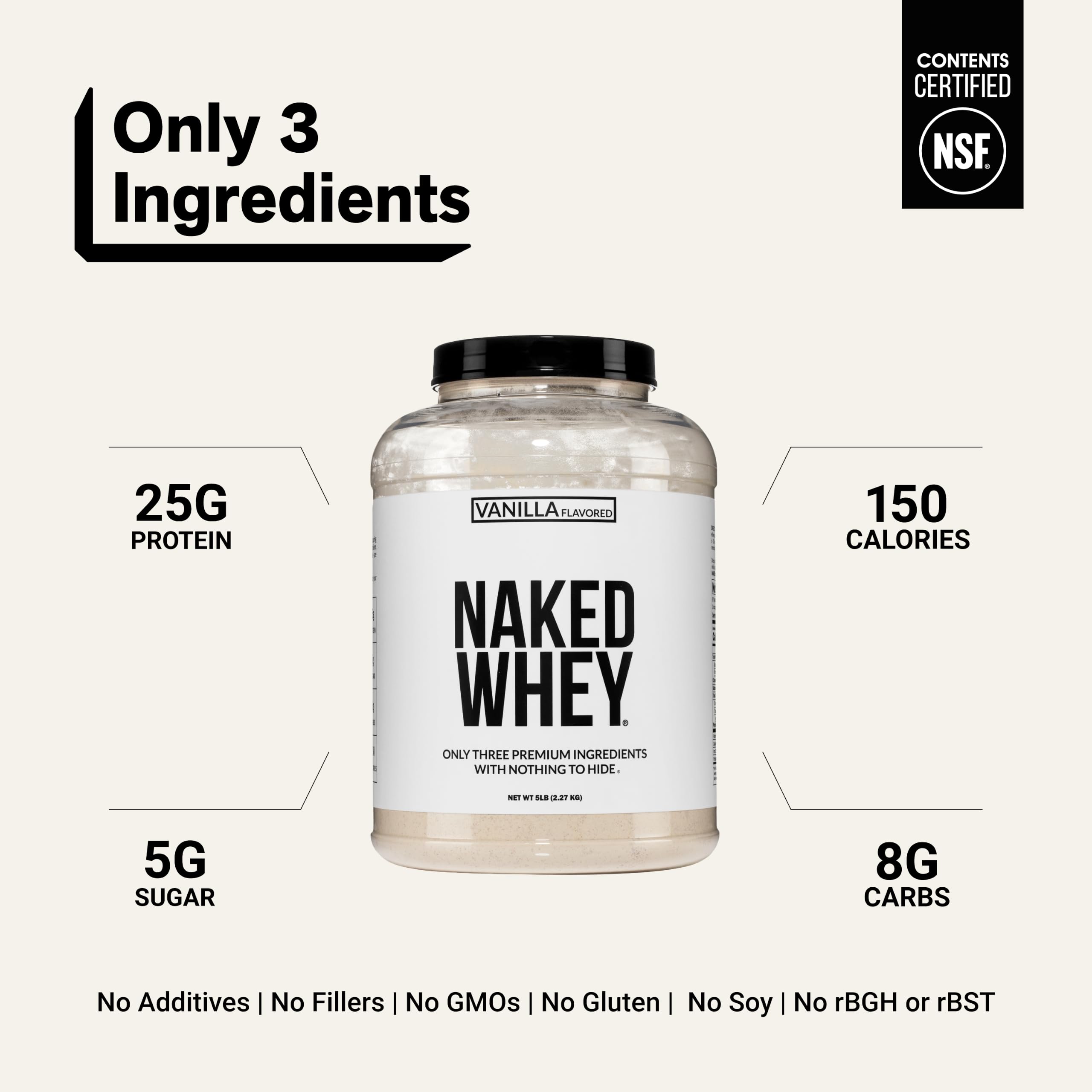 NAKED Vanilla Whey Protein Powder - All Natural Grass Fed Whey Protein Powder, Vanilla Flavor, Organic Coconut Sugar, 5Lb Bulk, NSF Certified, GMO-Free, Soy Free, Gluten Free - 61 Servings — Amazon image 3