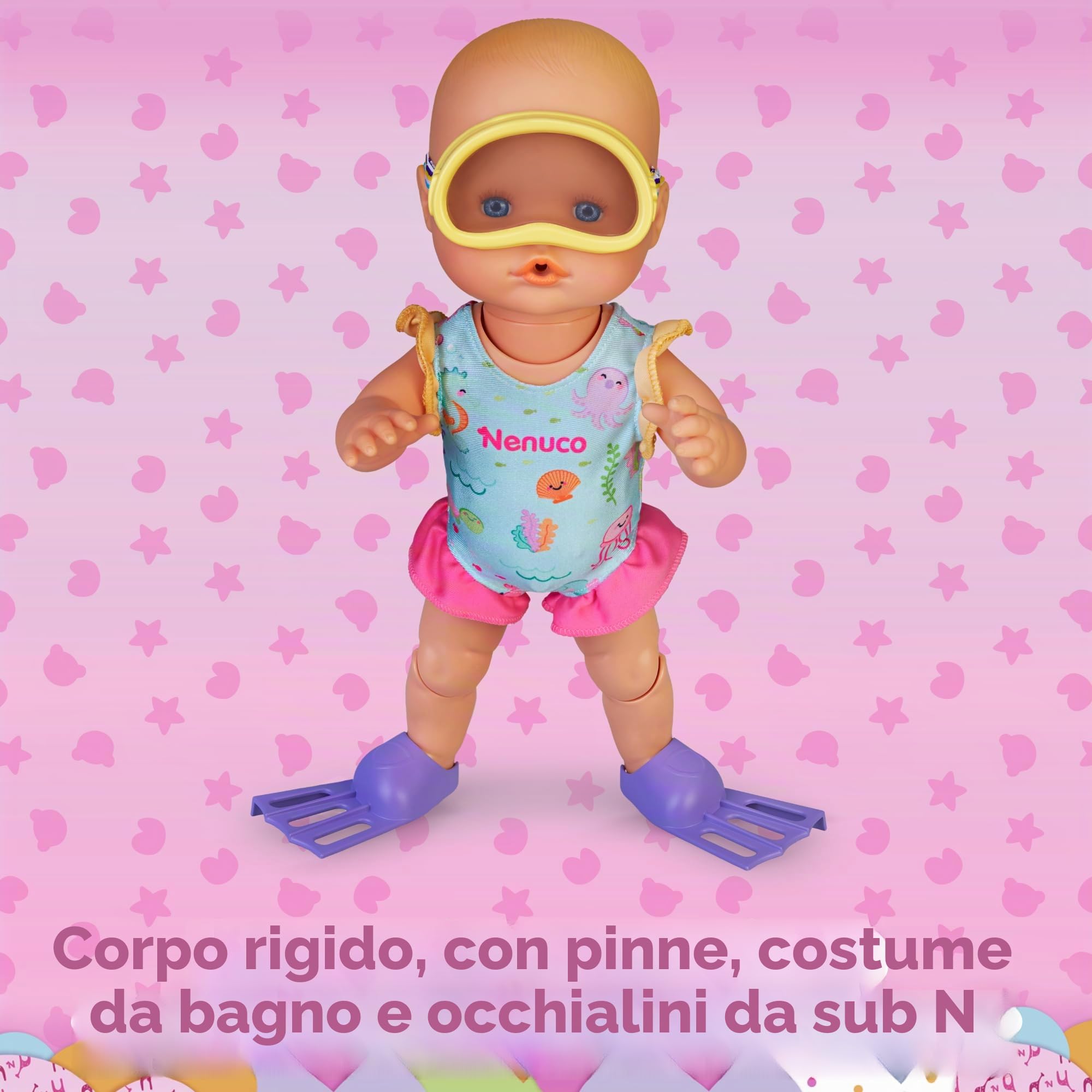 Nenuco Impara ad immergersi, bambola meccanica 35 cm, muove le gambe, nuova avanti e indietro, con costume da bagno, pinne e occhialini, per bambine/I dai 2 anni, Famosa NFN75000