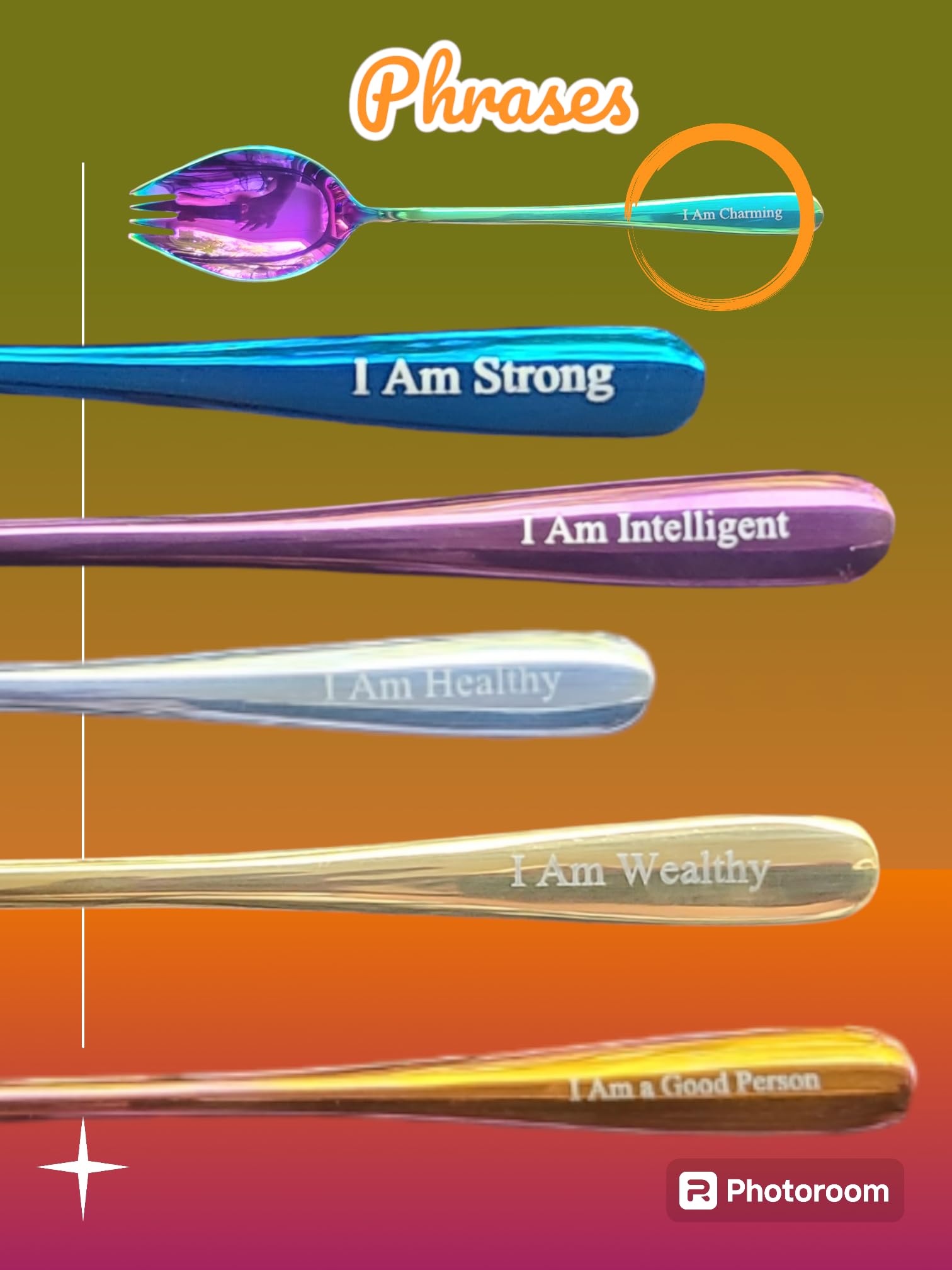 3 in 1 Spork 8 pcs Stainless steel Assorted color with motivational phrases On the handle (spoon, fork and knife all in one) utensils