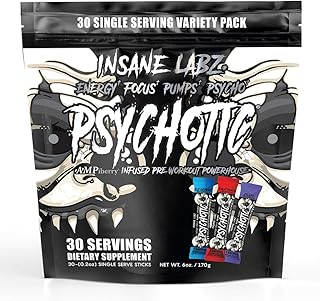 Insane Labz Psychotic Black Edition Mid Stimulant Pre Workout Powder, Energy Focus Pumps, Loaded with Creatine Beta Alanine Taurine Fueled by AMPiberry, Variety 30 Servings