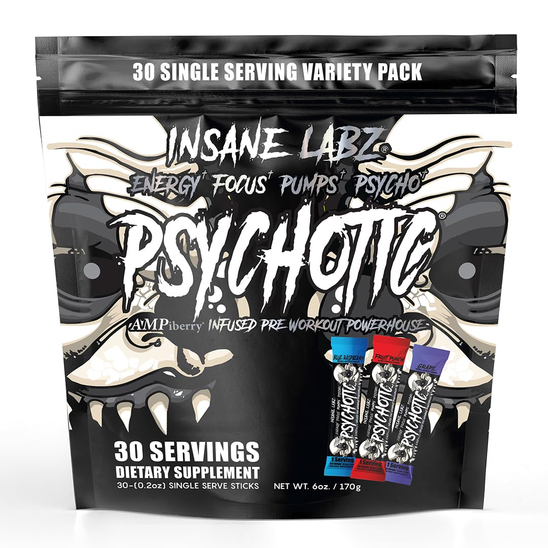 Insane Labz Psychotic Black Edition Mid Stimulant Pre Workout Powder, Energy Focus Pumps, Loaded with Creatine Beta Alanine Taurine Fueled by AMPiberry, Variety 30 Servings