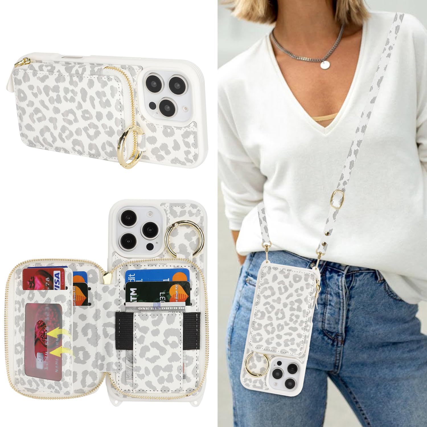 Crossbody Wallet Case for iPhone 16 Pro Max-White Leopard