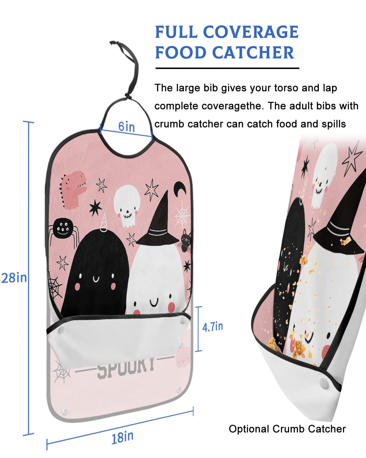 LEOKOTI Halloween Adult Bibs for Eating, Waterproof Bibs with Food Catcher & Adjustable Snap Closure, Black White Ghost Skull Pink Washable Clothing Protectors Adult Bibs for Elderly Women/Men
