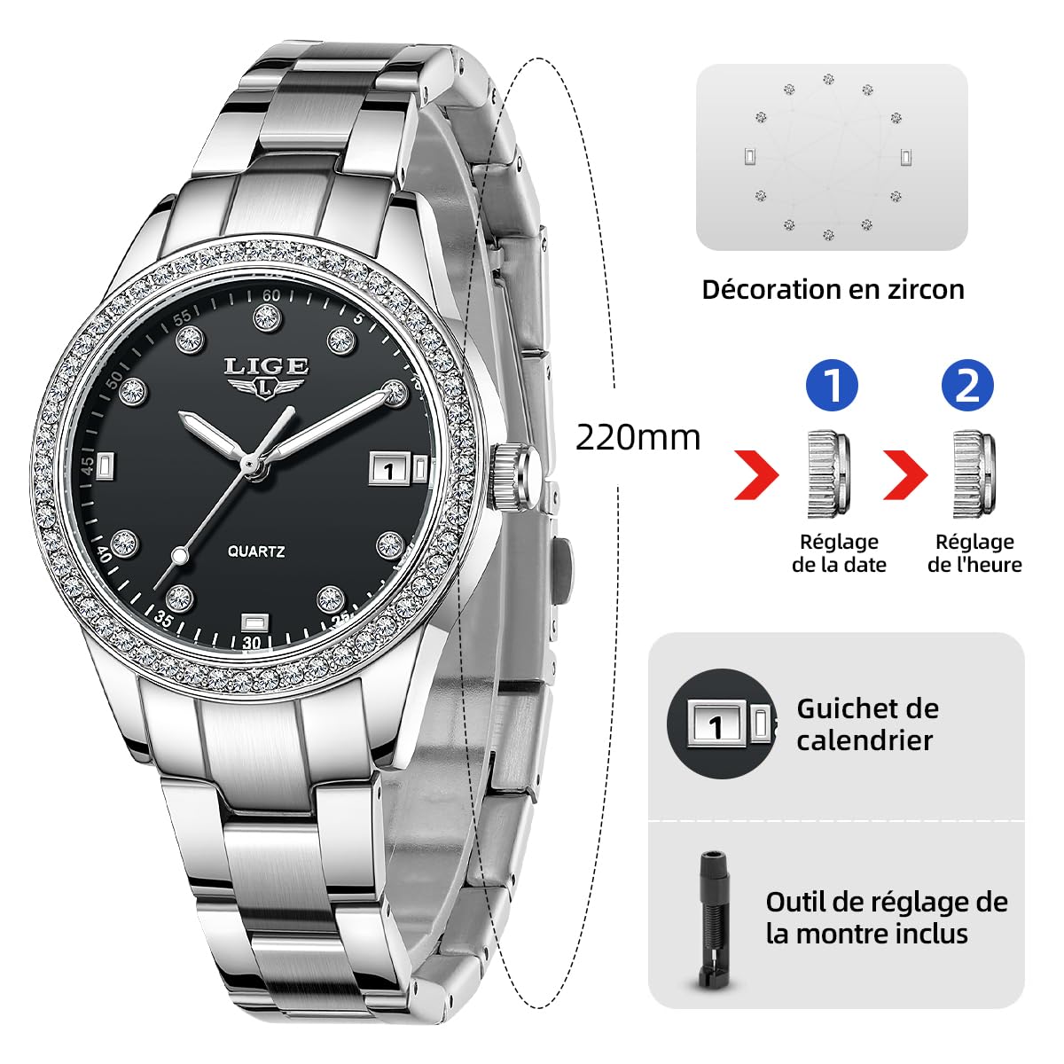 LIGE Montre Femme Quartz Analogique Lunette Strass Cristal Cadran 34mm | Bracelet Métal Argent Aiguilles Lumineuses Affichage Date 3ATM Étanche Verre Anti-Rayures Montre Luxe Mode Cadeau Femme