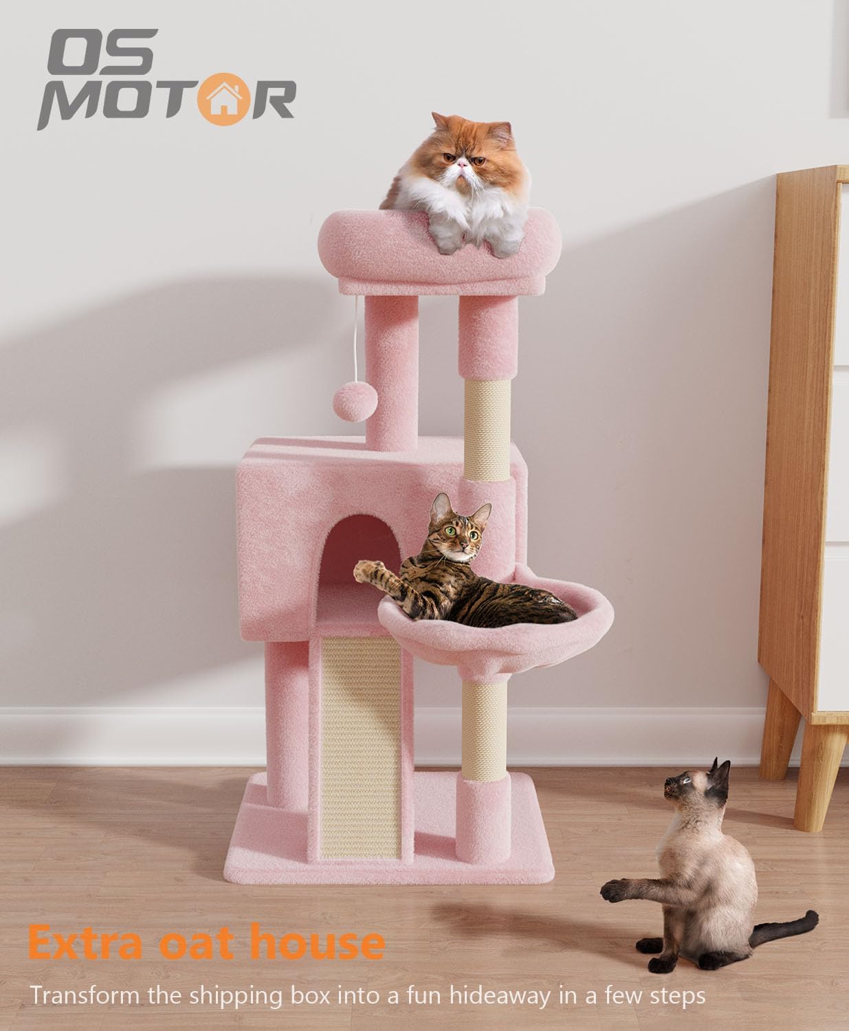 Cat Tree Tower for Indoor Cats Large Adult,Cute/Tall Modern Cat Tree for Big Cats 20 lbs,Plush Multi-Level Cat Condo with Scratching Posts,Hammock, Dangling Ball (Soft Pink, 36 inch)