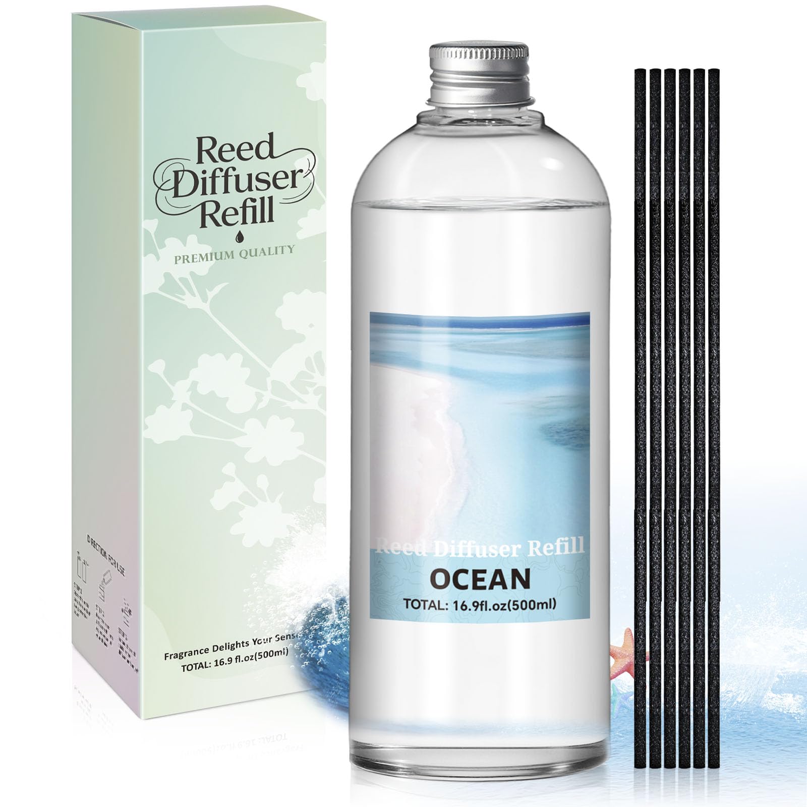 Scent-Hi Reed Diffuser Refill 500ml Ocean Scented with 6 Reed Sticks, Long-Lasting Home Fragrance, Large Capacity Refill Bottle Premium Ocean Aroma for Room Scenting
