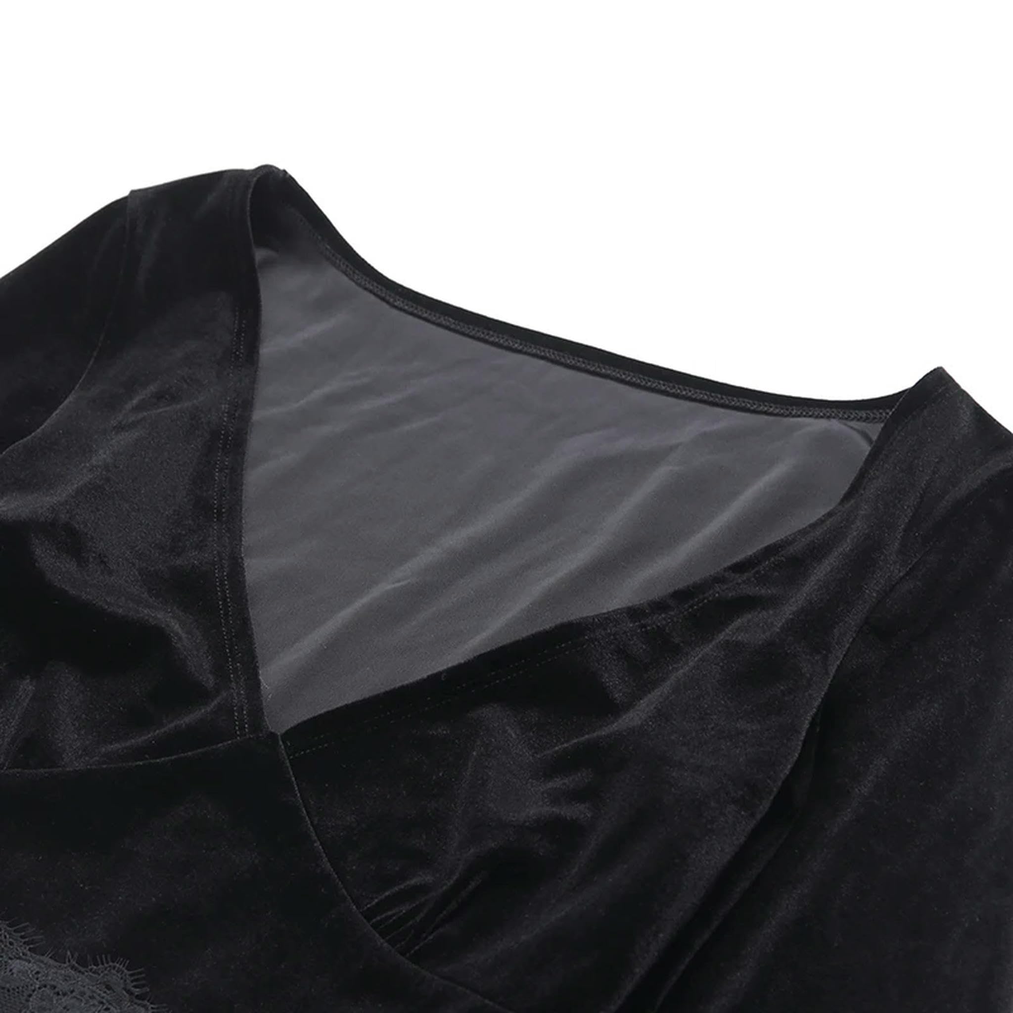 Blusa Elegante de Verano con Escote en V, Mangas Acampanadas, Encaje y Retazos, Cintura Alta, Color Negro, M