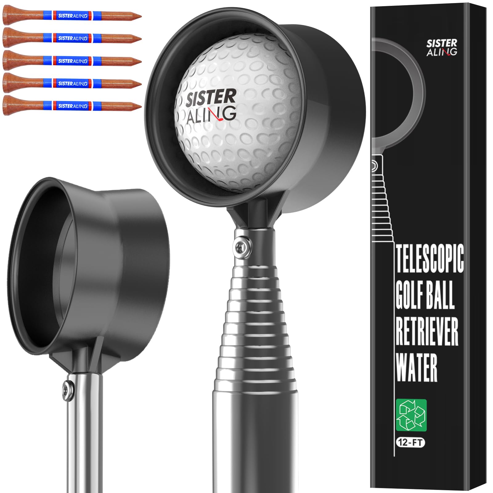 SisterAling 9ft/12ft Water Telescopic Golf Ball Retriever，Classic and Durable Stainless Steel Picker Upper, The Best Accessory Gift for Men and Women Golfers. (Balck, 12Ft)