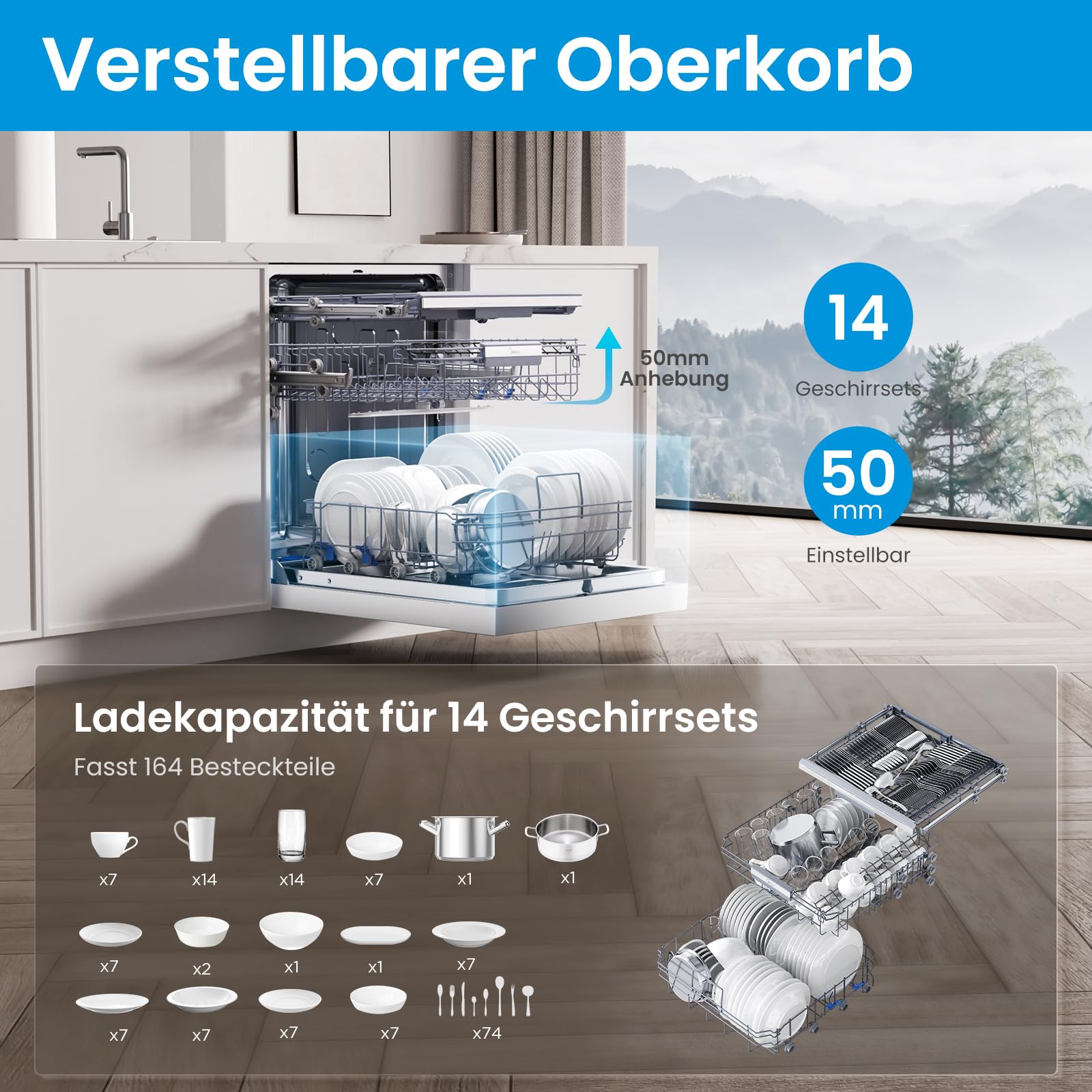 Midea Geschirrspüler 60cm Unterbau 14 Maßgedecke Teilintegrierbar mit WiFi Extra Trocknung 42dB Inox