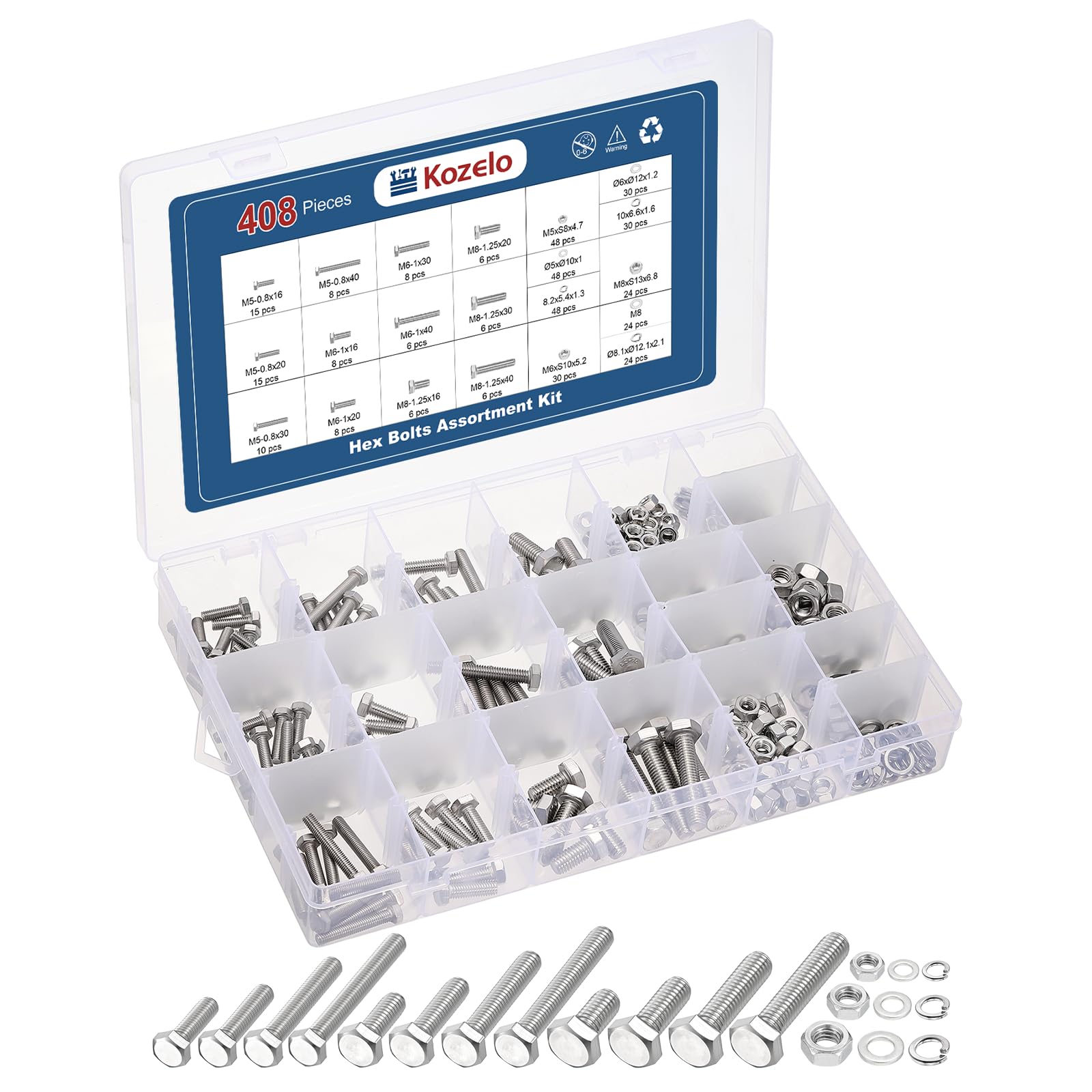 Kozelo 408 Pcs Bolts and Nuts Washers Kit - [M5/M6/M8] 304 Stainless Steel Hex Tap Bolt Assortment Fully Threaded Hexagon Head Machine Bolts Right Hand External Hex Drive, Silver Tone — image 1
