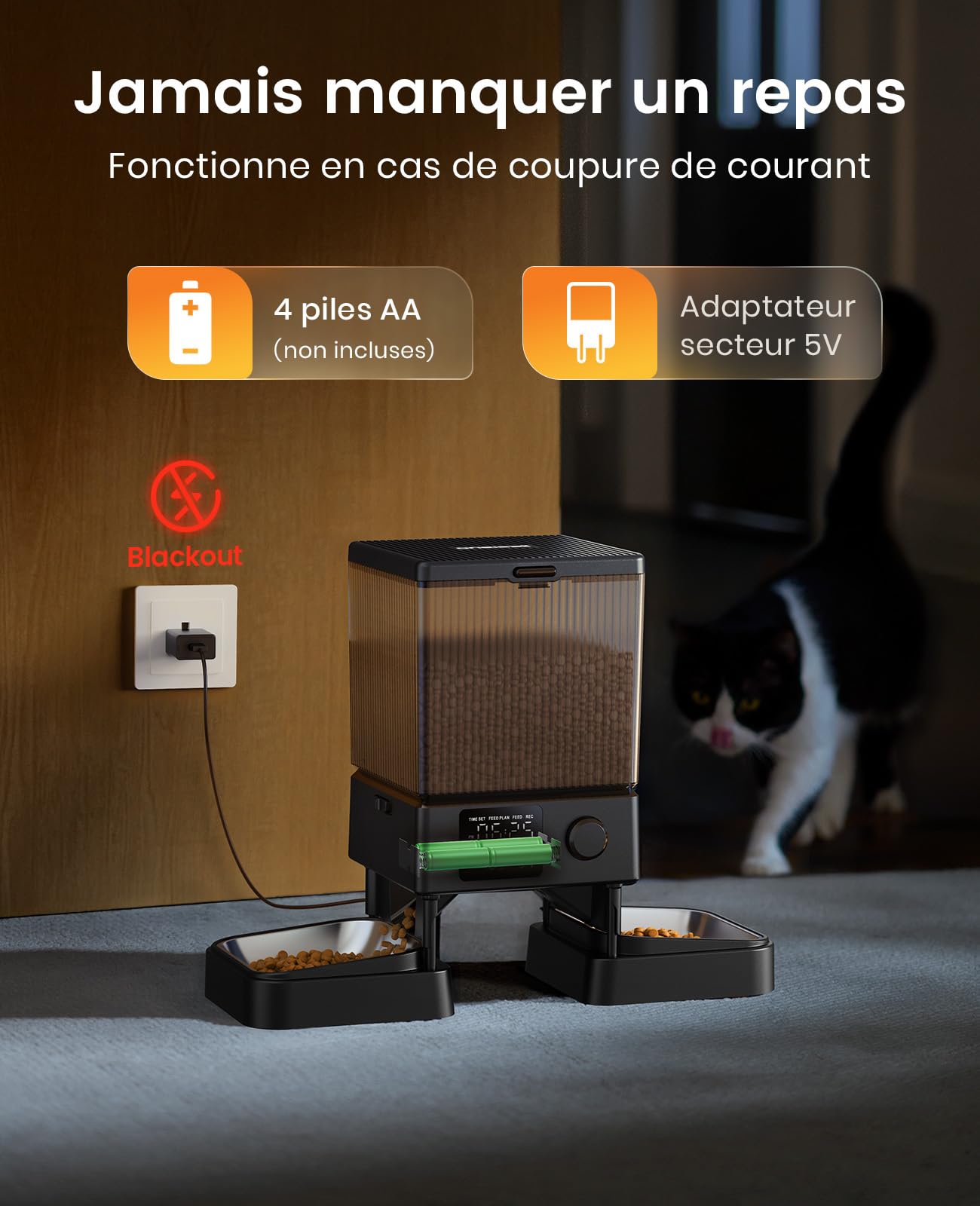 oneisall 5L Distributeur Croquettes Chat Automatique 2 Bols Mangeoire Automatique pour Chat à Un Bouton Fonctionnement Facile Mangeoire