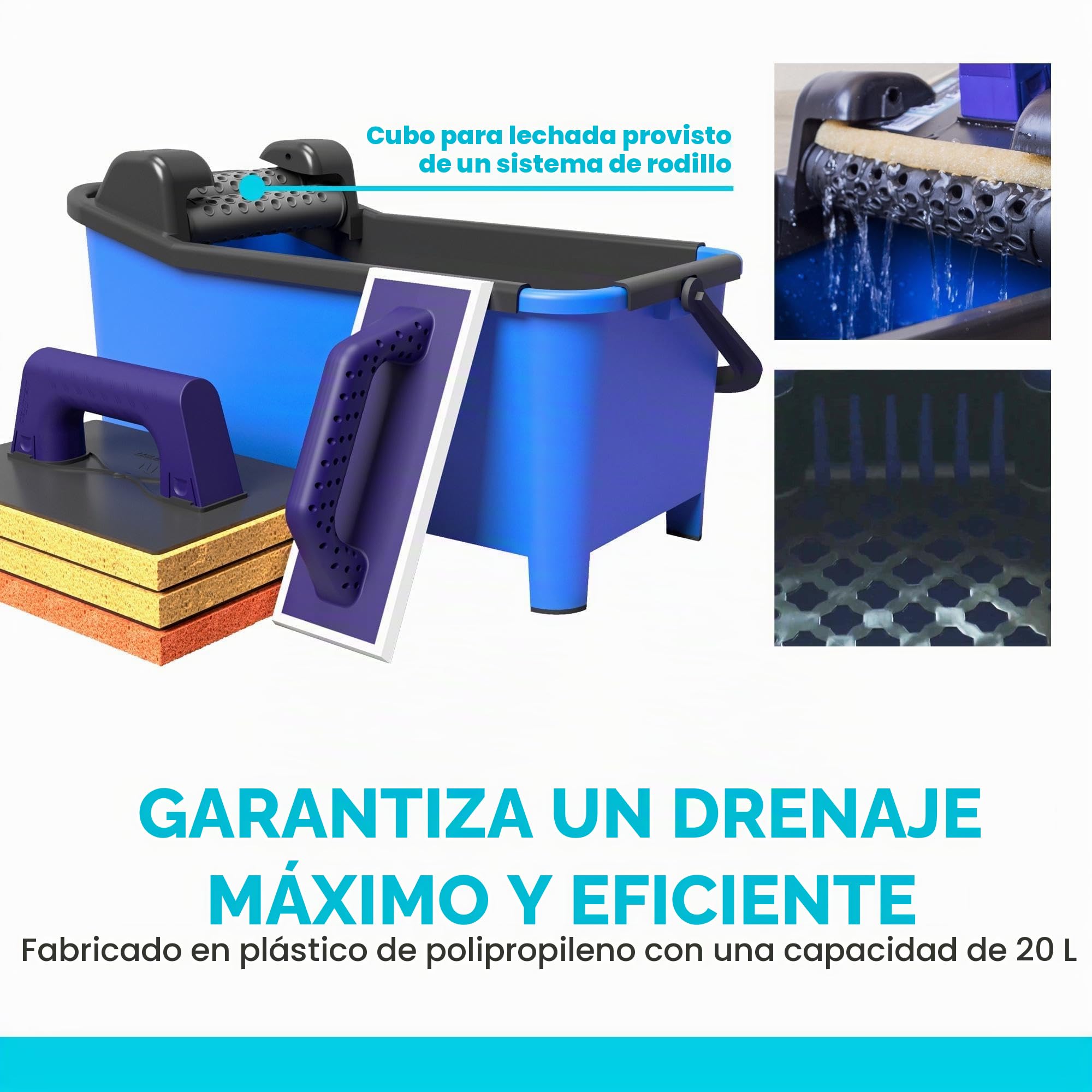 Peygran - Kit de limpieza: Cubo de 20 litros equipado con un sistema de rodillos que garantiza un drenaje máximo y más eficiente. Incluye talocha de rejuntado y talocha con tres esponjas diferentes.