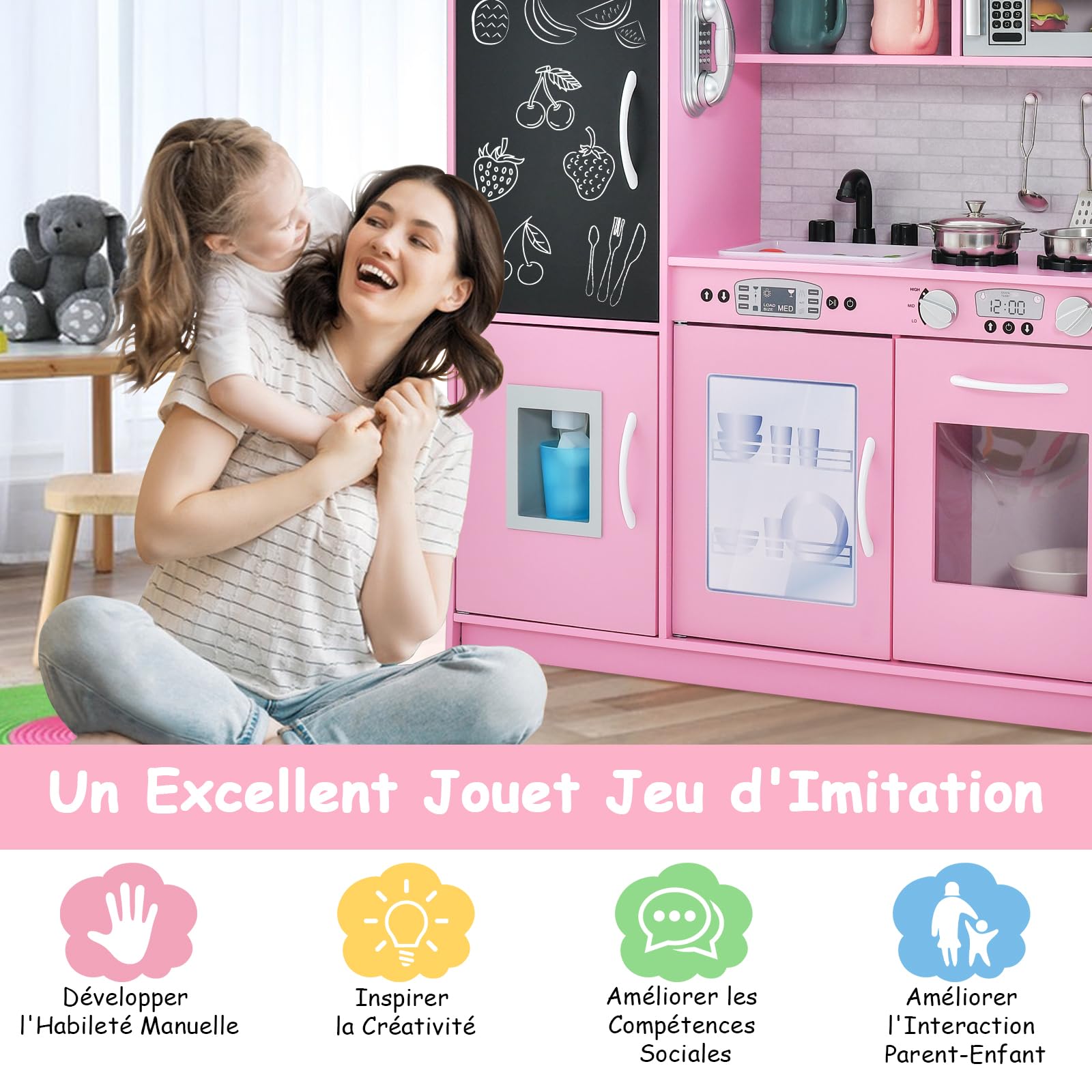 GOPLUS Cuisine en Bois Enfant avec Effet Sonore, Jouet de Cuisine Enfantavec Tableau Noir et 6 Compartiments de Rangement, Télephone, Accessoires Riches, pour Garçon Filles 3-6 Ans (Rose)