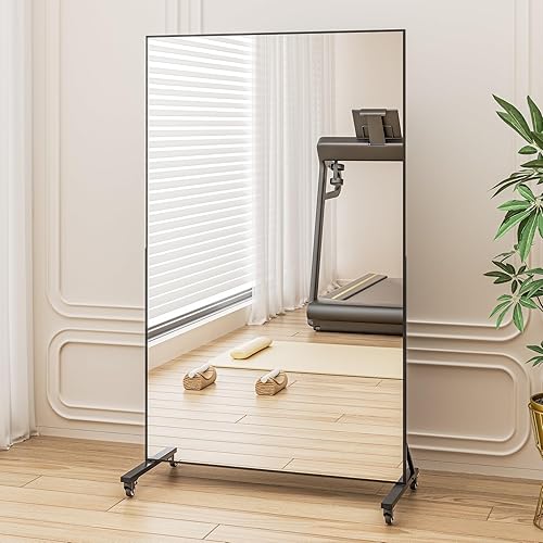 Miniatura 2 de Espejo rodante de gimnasio en casa de 68 x 40 pulgadas, espejo de fitness extra grande de longitud completa, espejo grande de vidrio templado