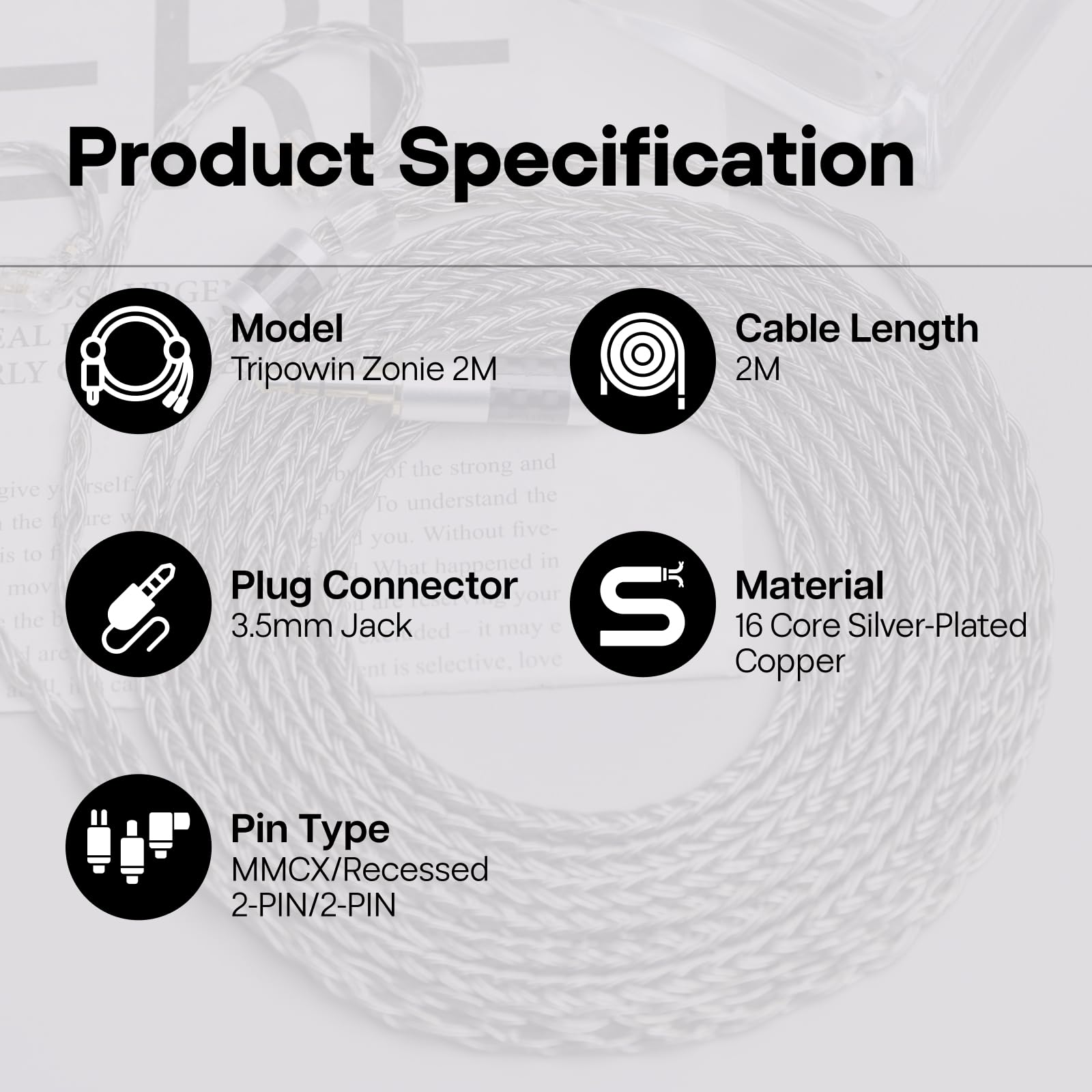 Tripowin Zonie - Cable de monitor intraural de 2 m, cable largo IEM para auriculares, chapado en plata de 16 núcleos, cable de actualización para auriculares con cable HiFi, cable de