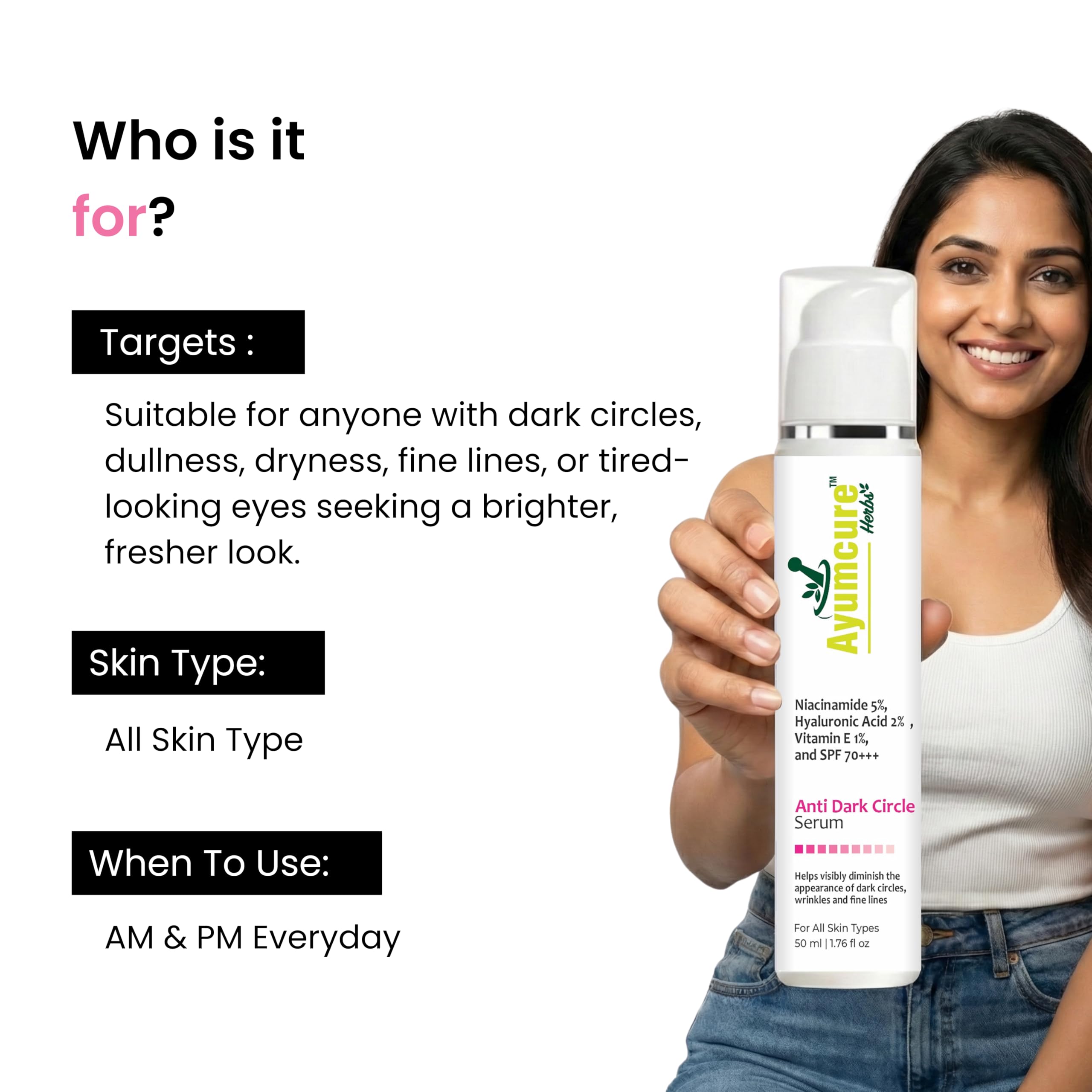 Ayumcure Anti Dark Circle Eye Serum – With 5% Niacinamide, 2% Hyaluronic Acid, Vitamin E & SPF 70+++ | Brightening & Hydrating Under Eye Care | For Dark Circles & Fine Lines | 50ml — Amazon image 3