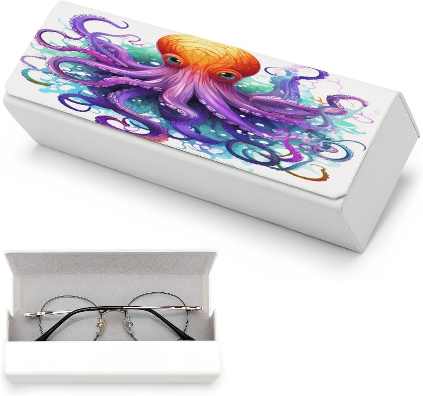 Colorful Octopus1 Eyeglass Case with Cleaning Cloth, Square Spectacles Box Leather Glasses Case for Women Men image 5