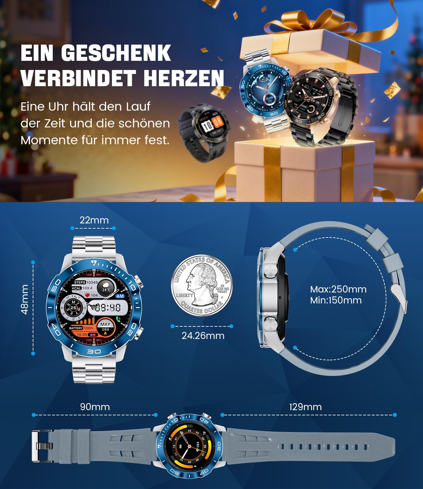 LIGE Smartwatch Herren mit Telefonfunktion, AMOLED Smart Watch für Android/iOS, IP68 Wasserdicht, 24/7 Herzfrequenz/Schlafmonitor, 170+ Sports, 300+ Zifferblätter, Silbernem Gehäuse & Blauer Blende