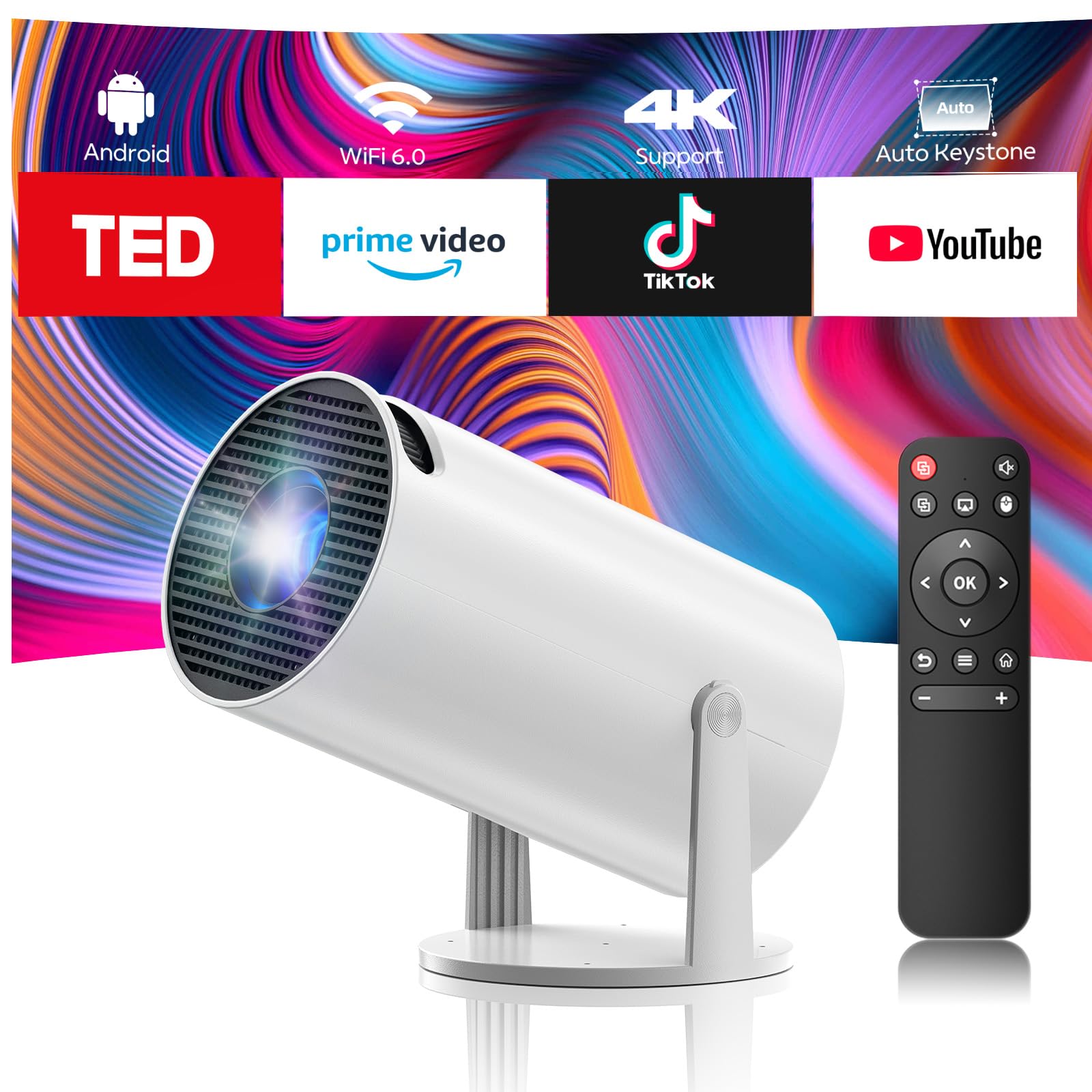 Mini Proiettore 4K con WiFi 6 BT 5.0,Videoproiettore Supporta Android 11, Auto Keystone Rotabile 220° Proiettore Portatile Compatibile con HDMI/USB/TV Stick/PS/Laptop