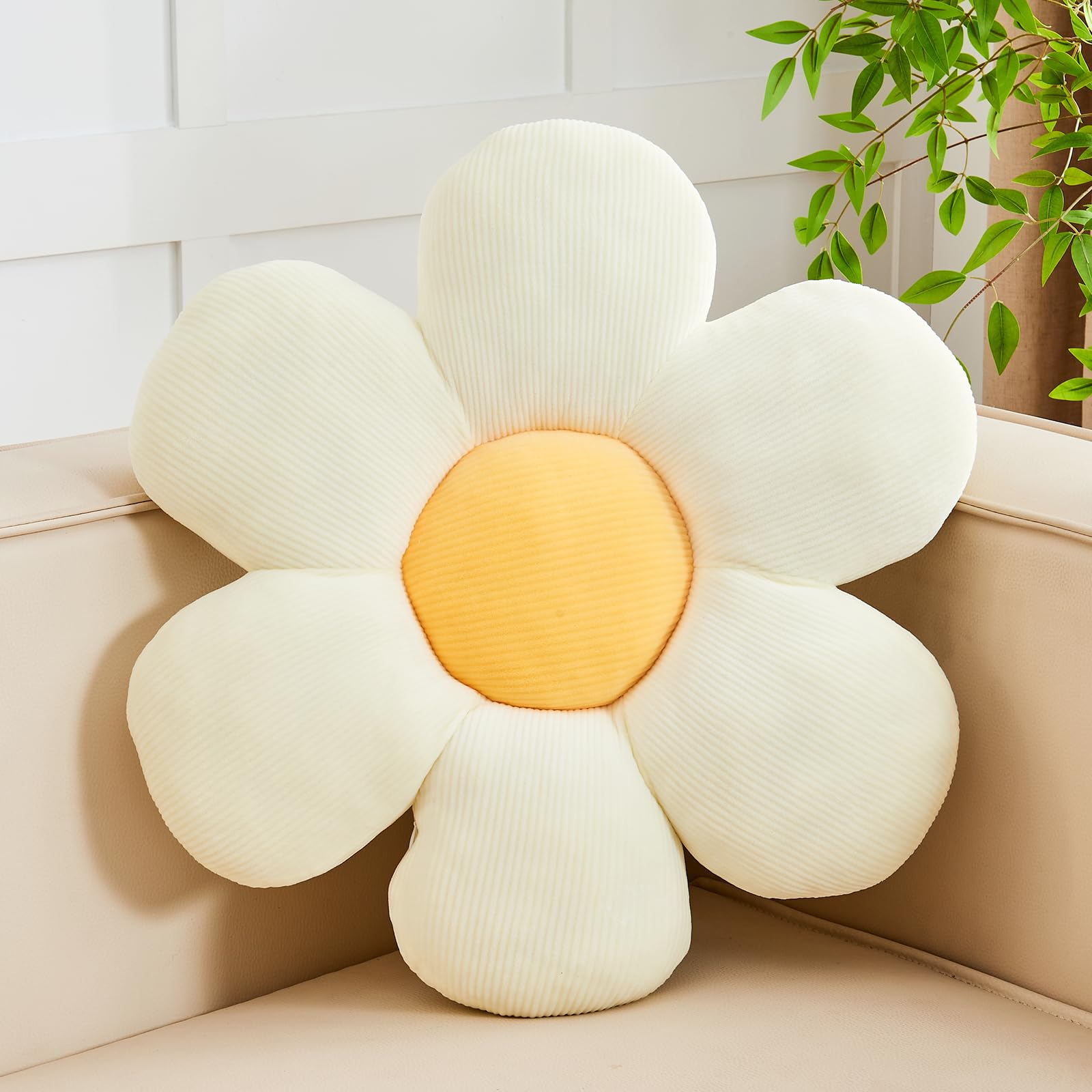 Kcvvcr White Yellow Flower Pillow 19 6 Cute Flower Shaped Floor Pillow Aesthetic Floral Plush Daisy Decorative Throw