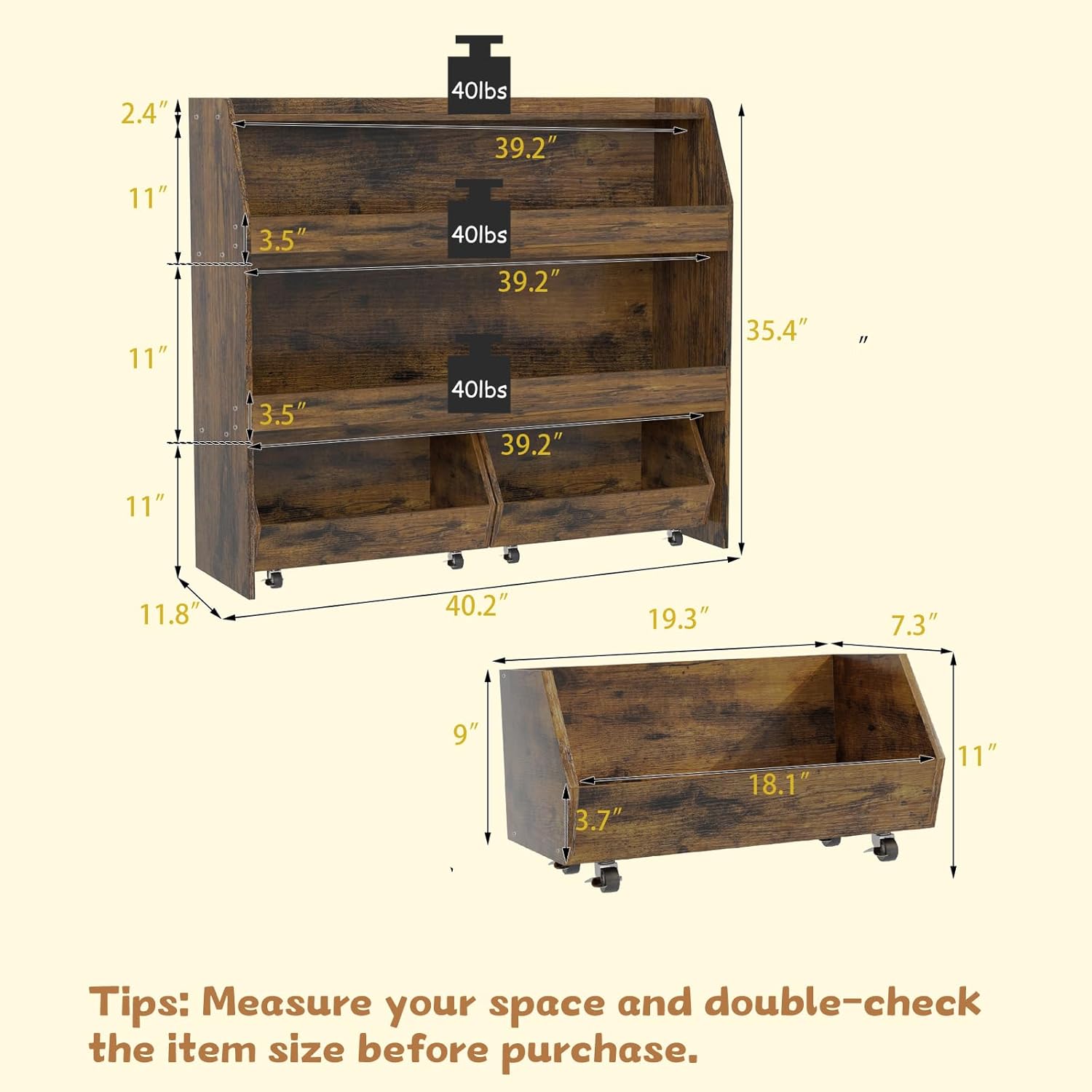 COZPAW Toy Storage Organizer, 3 Tier Montessori Shelf with Movable Bins (Brown)