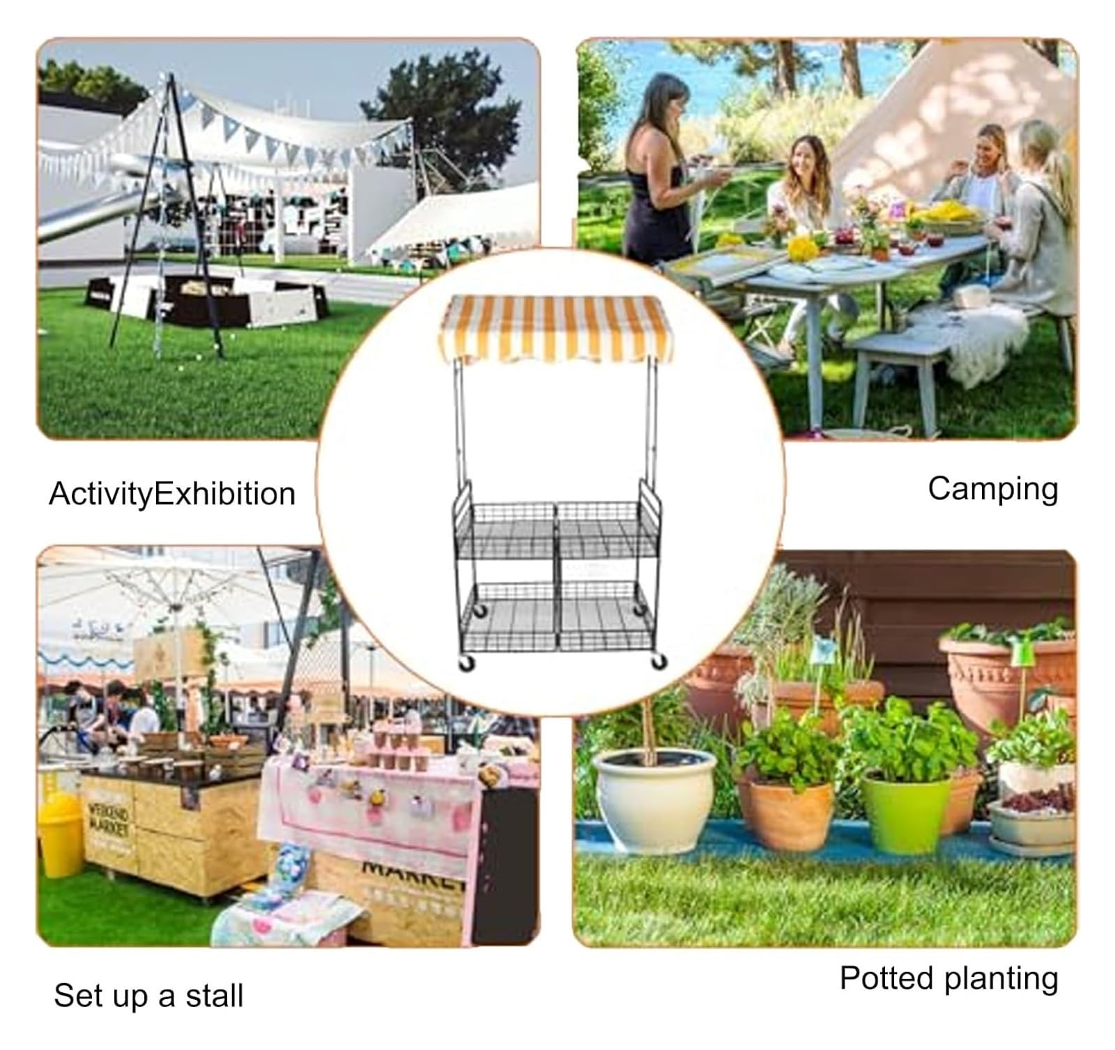Carrito de Comida portátil con toldo - Carrito móvil for vendedores ambulantes de Pasteles, Frutas, Flores y Ventas de Segunda Mano - Ideal for mercados, Eventos y Actividades al Aire Libre