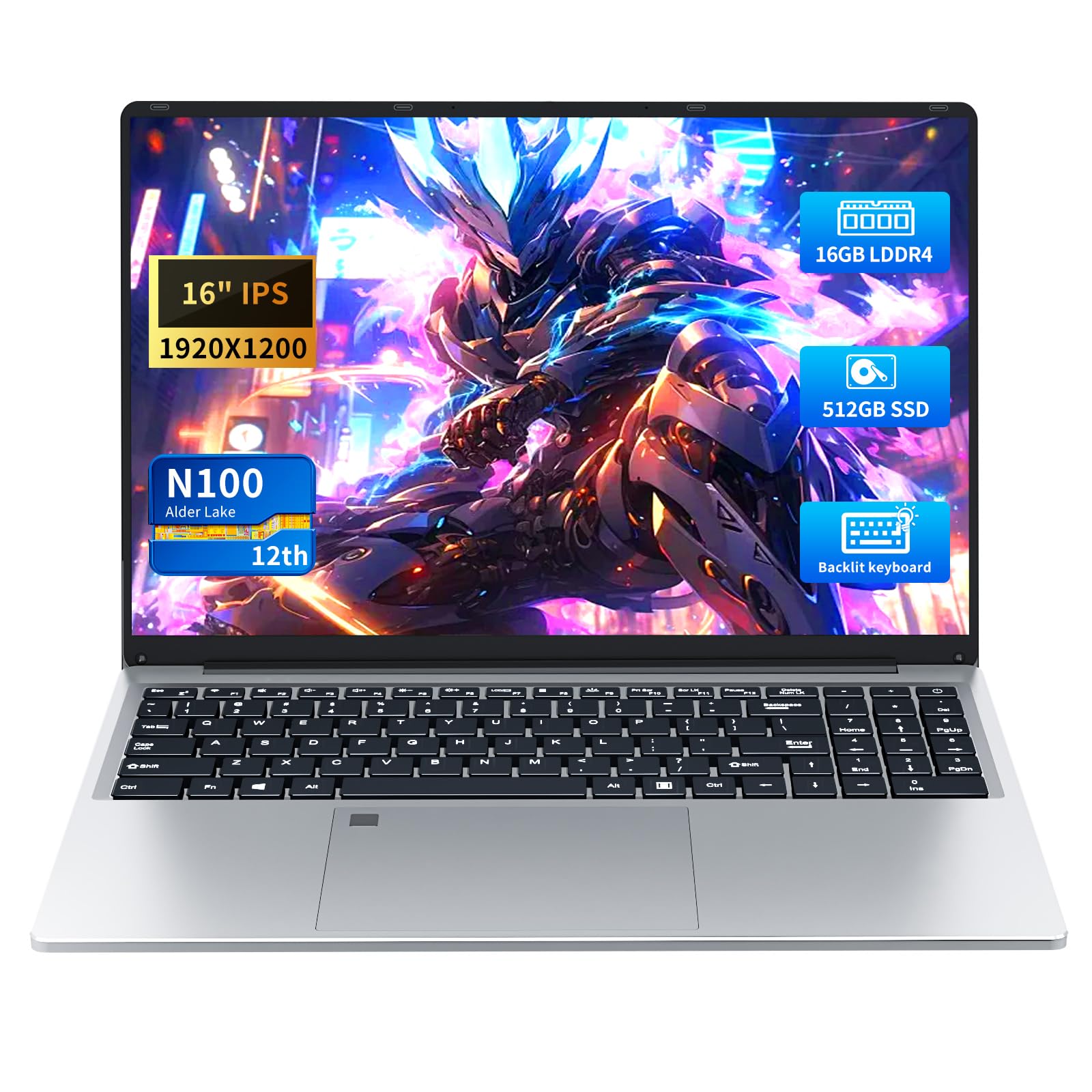 PC Portatile 16 Pollici, Notebook Celeron N100 CPU, Notebook 16GB RAM 512GB SSD, Laptop Sblocco 1920 * 1080 IPS Full HD Schermo, Tastiera Retroilluminata, 6000mAh Battery, BT5.0+Mini HDMI