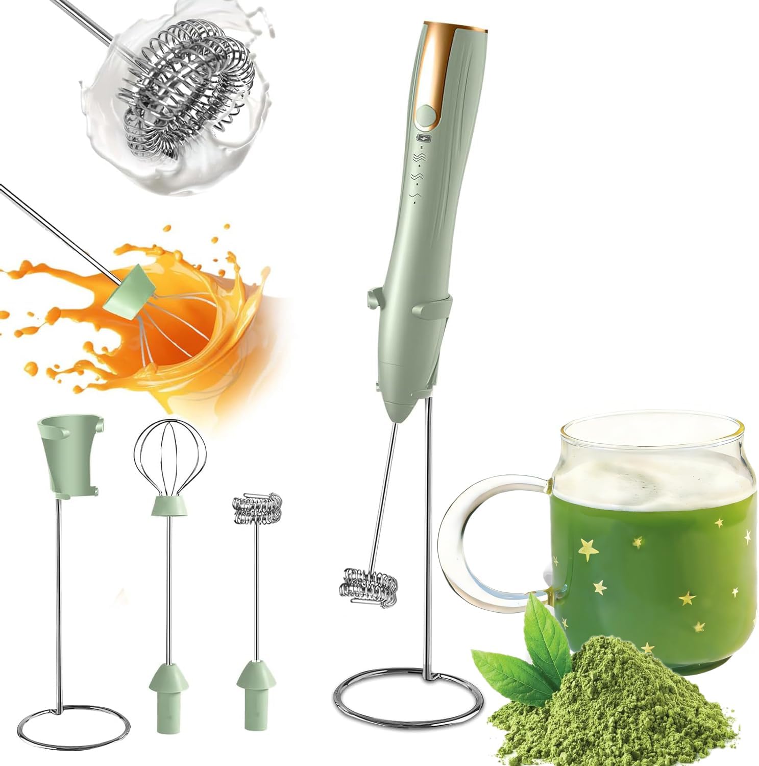 Rechargeable Handheld Milk Frother Wand with Stand | Foam Maker, 2 Detachable Whisk Drink Mixer, Frother Wand with 3 Speed for Coffee, Matcha, Latte,Egg, (Green)
