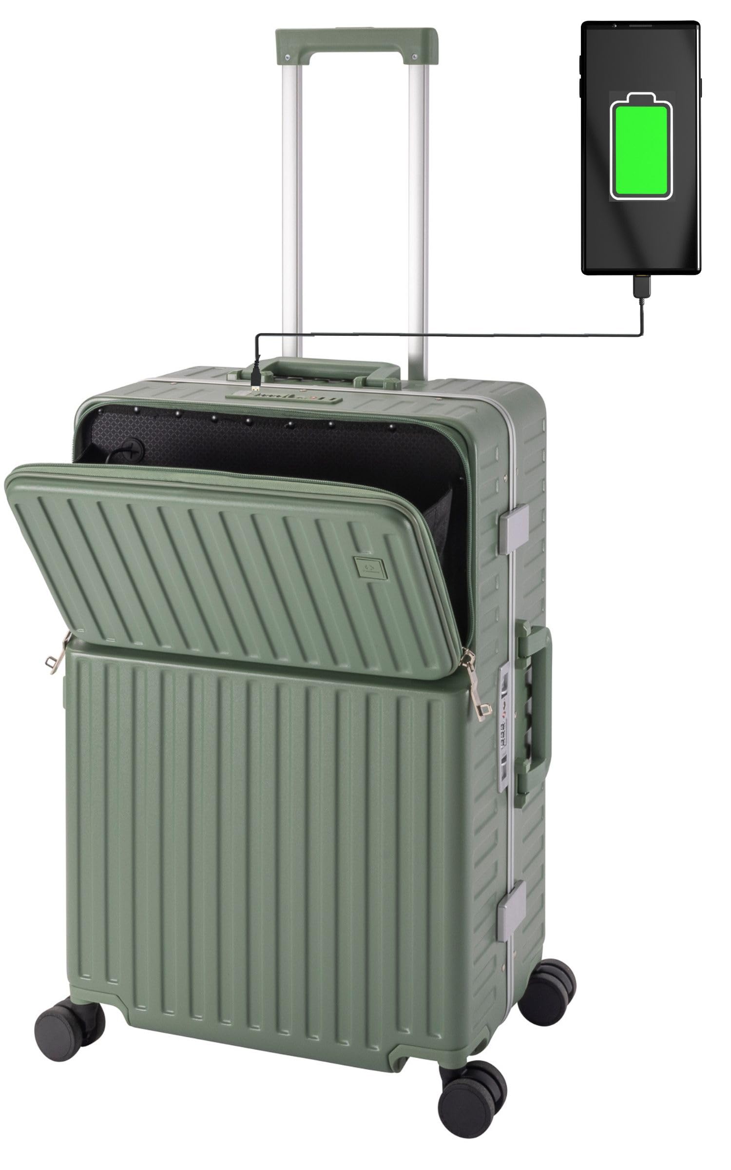 Travelhouse Roma Reisekoffer mit USB & Getränkehalter, Hartschale, Alu-Rahmen, Extrafach, 2xTSA, 65x40x25 cm, Salbeigrün