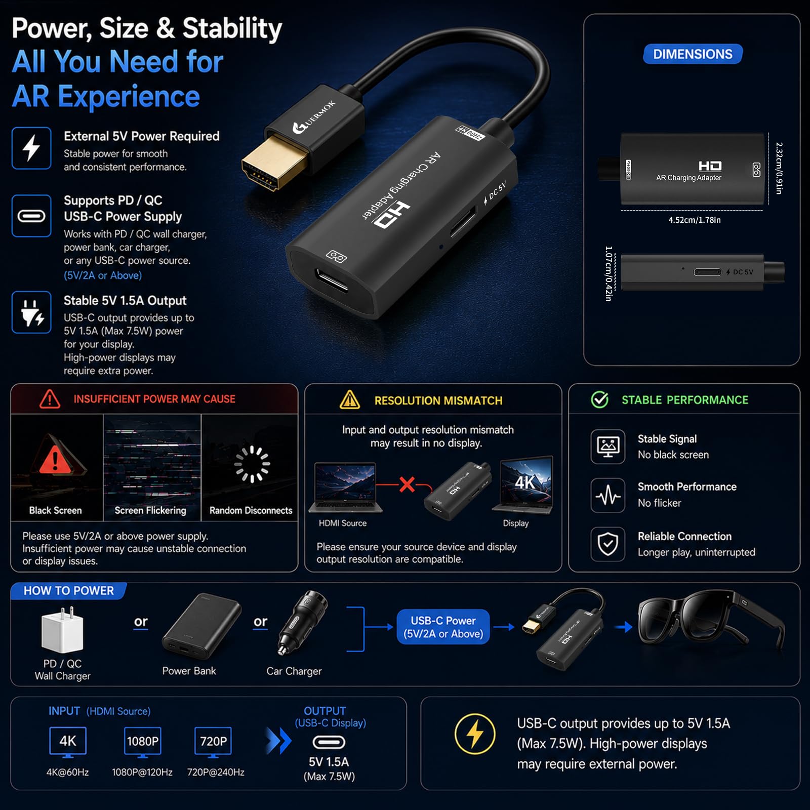 Guermok Adaptador HDMI a USB-C para gafas AR, convertidor AR 4K@60Hz con carga y puerto DC 5V – Compatible con XREAL One/Air 2 Pro, RayNeo, Rokid, Switch2/1, Xbox1, PS4/5, monitores portátiles (Negro)