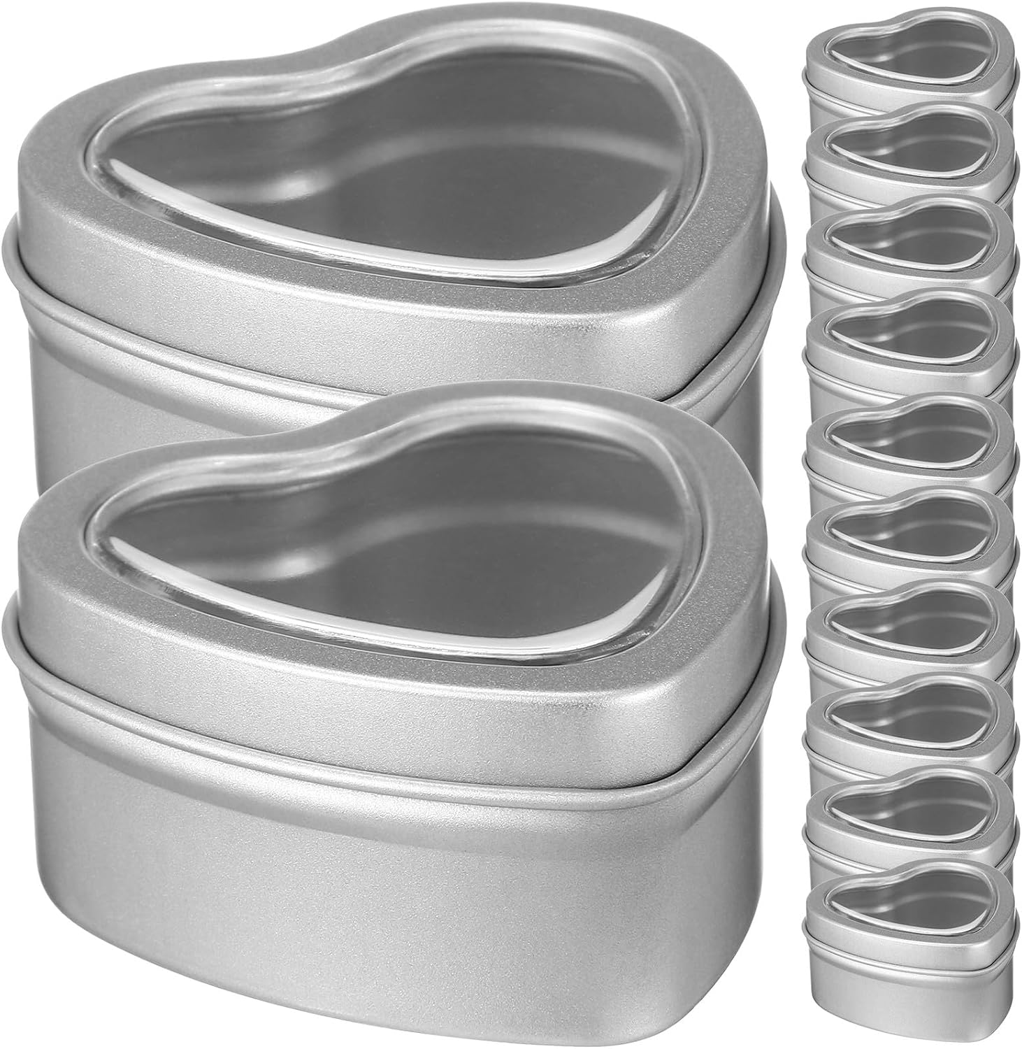 12 Pcs Heart Shaped Metal Tins with Window Lids Silver Storage Boxes for Candle Making DIY Crafts Valentine's Day Candy Containers