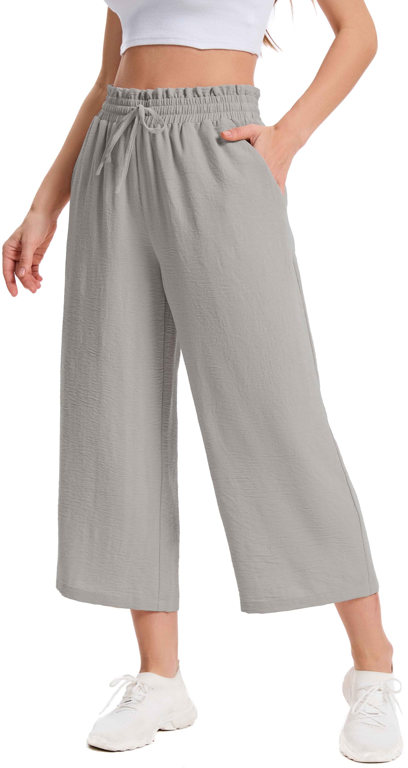 Damskie Spodnie Letnie 3/4 Culotte Wysoki Stan z Falbanką Elastyczną Talią Lekkie Oddychające Spodnie Capri z Kieszeniami dla Kobiet