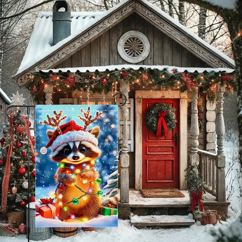 Christmas Garden Flag 12x18 Inch Double Sided Burlap Raccoon with Santa Hat and Lights Cute Winter Outdoor Yard Decoration for Holiday Porch Lawn Farmhouse Decor - Image 4
