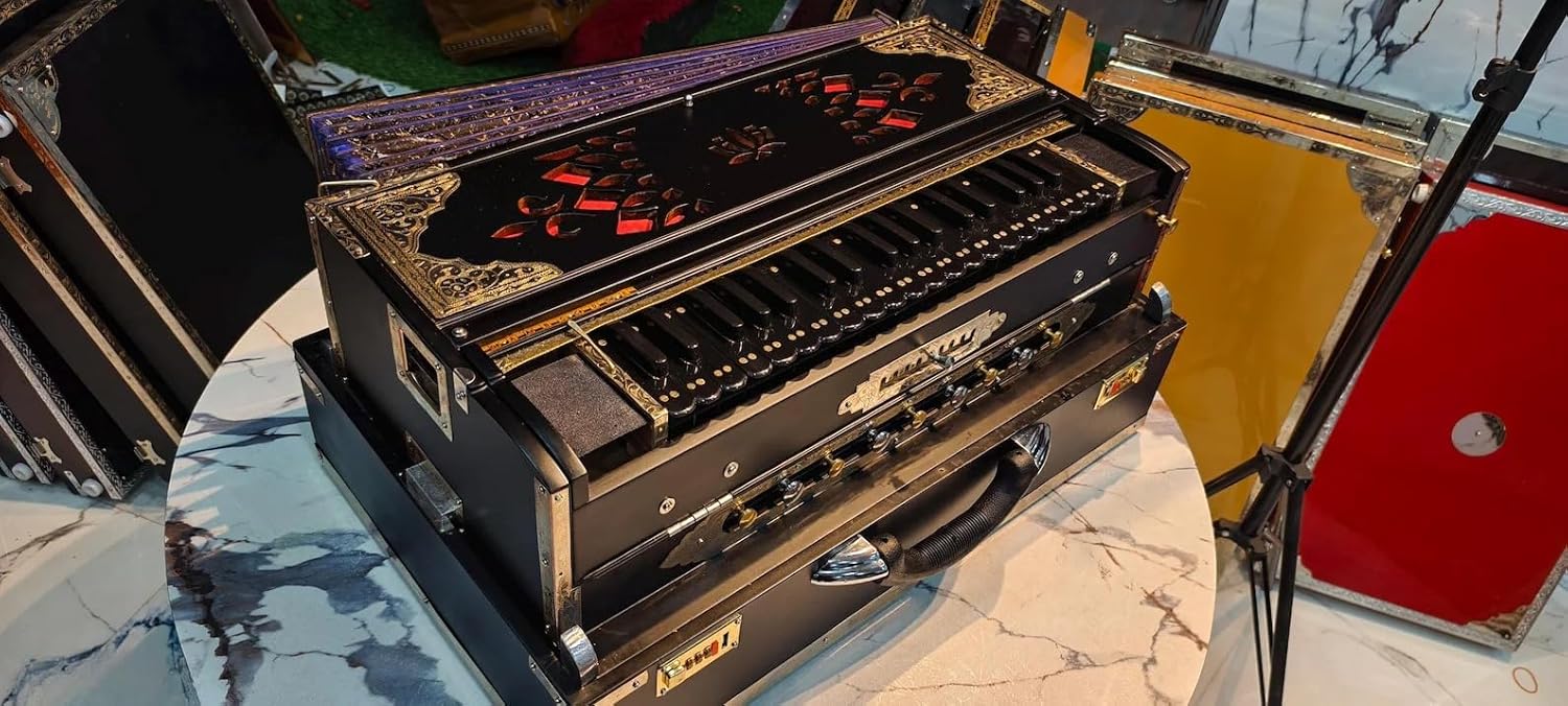NamasteHimalayas Matte Black Harmonium – Limited Black Edition, 3-Reed 9-Scale Changer, Premium Design 3.75 octave, Best for Kirtan, Meditation, Sound Healing Therapy